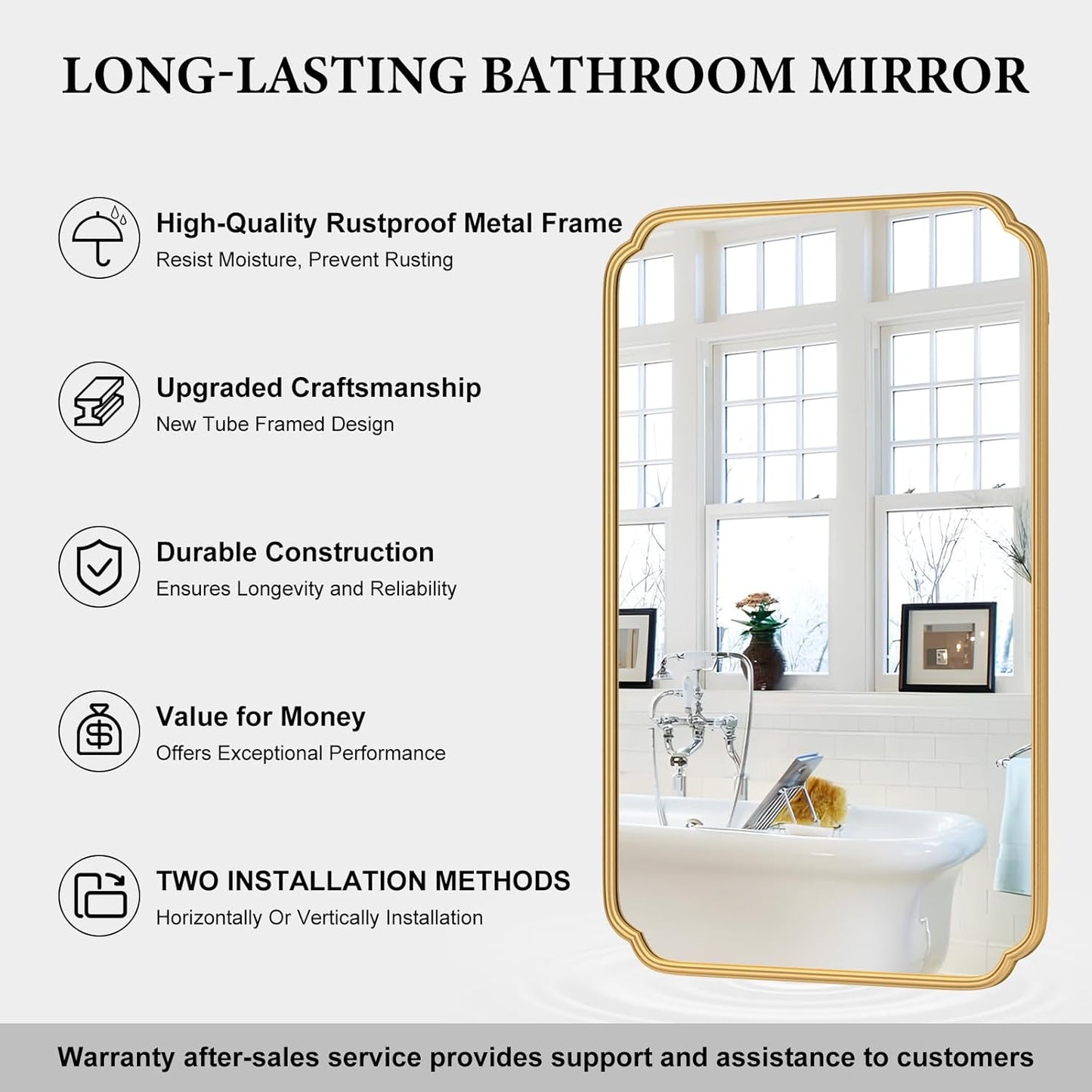 30"x48" Gold Bathroom Mirror for Wall, Large Brass Gold Bathroom Vanity Mirror for Over Sink, Rounded Rectangle Mirror in Premium Iron Metal Frame Hangs Horizontal Or Vertical