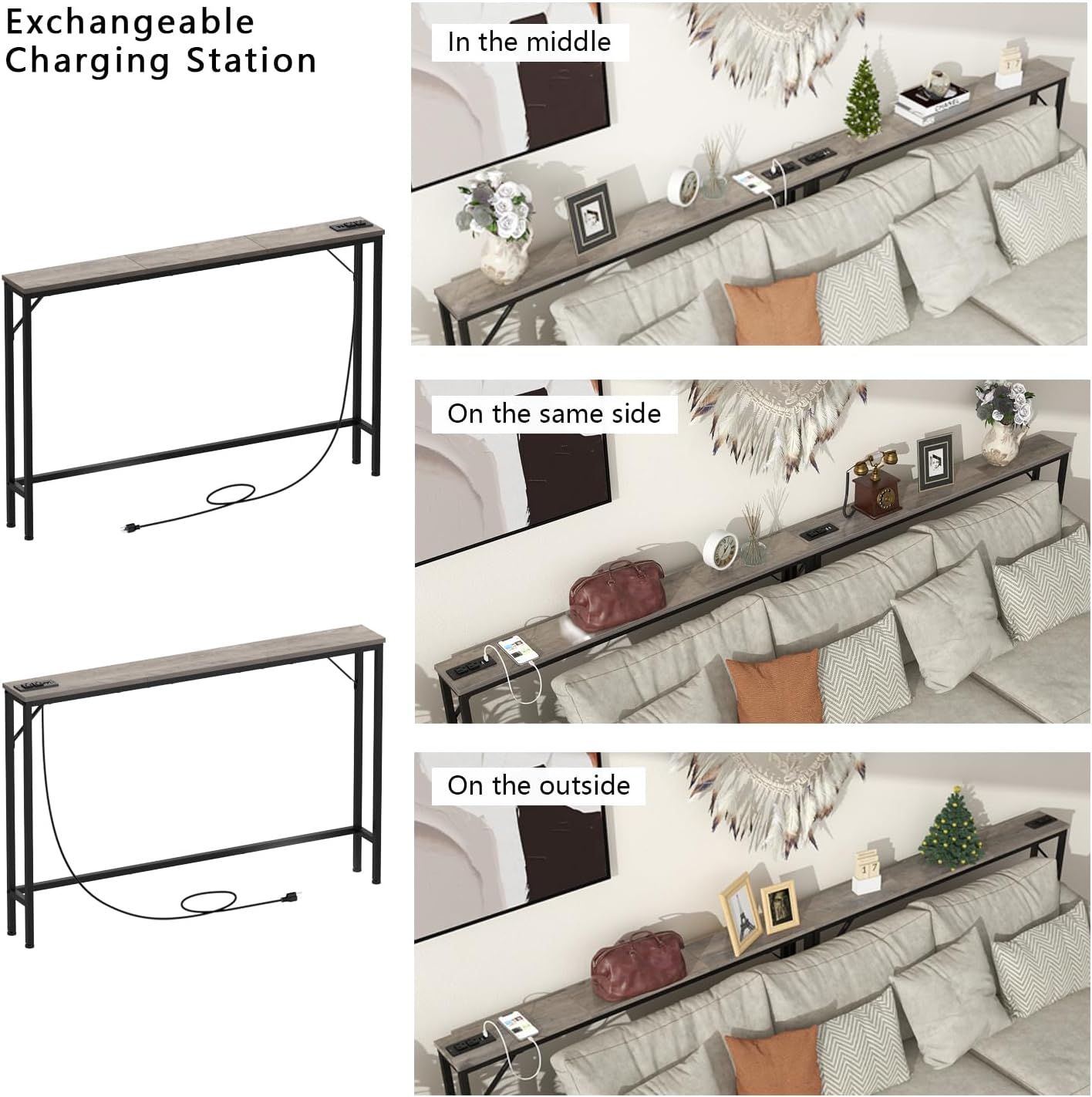 Tohomeor 5.9" Skinny Behind Sofa Console Table with Charging Station 47.2" Narrow Long Behind Couch Table with Power Outlets USB Ports Thin Entry Table for Entryway Living Room Hallway Retro Grey