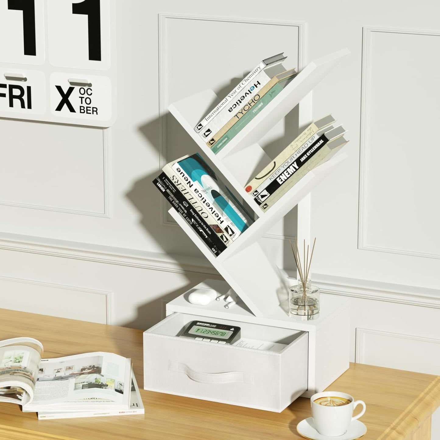 Small Bookshelf with Drawer,4 Tier Tree Book Shelf,Wood Desk Bookshelves,Modern Free Standing Desktop Display Shelves,White Floor Standing Organizer Bookcase for Living Room,Bedroom,Office