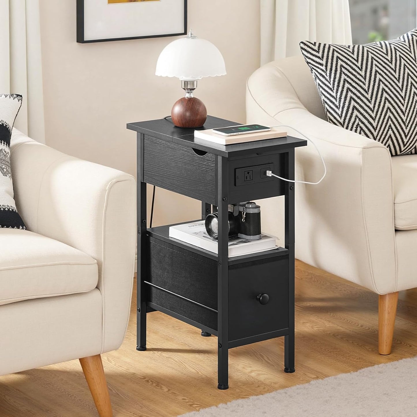 HOOBRO End Table with Charging Station, Flip Top Narrow Side Table with Storage Drawer, Slim Nightstand Bedside Tables with Shelves, for Small Space, Living Room, Bedroom, Black BK343UBZ01G1