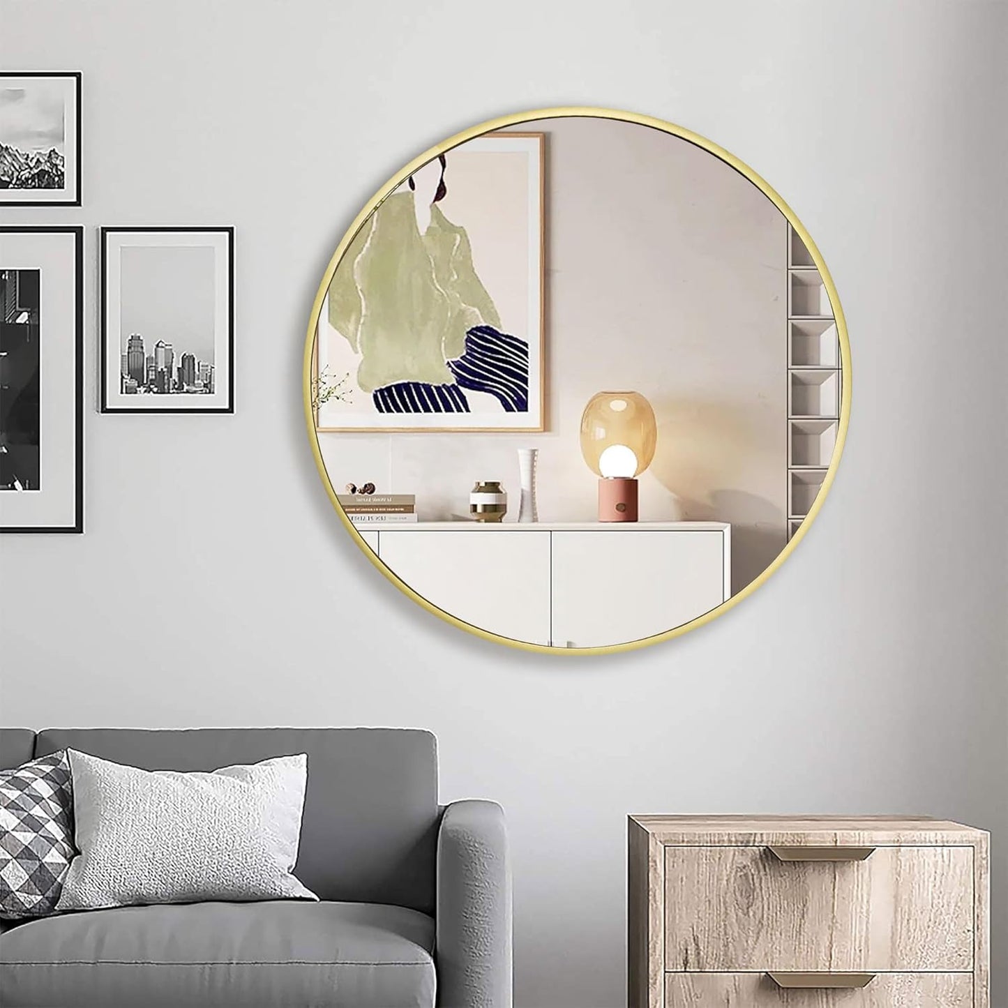 28 inch Gold Frame Mirror for Wall, Brushed Matte Gold Metal Round Mirror for Bathroom Vanity, Bedroom Decor, Living Room, Entryway