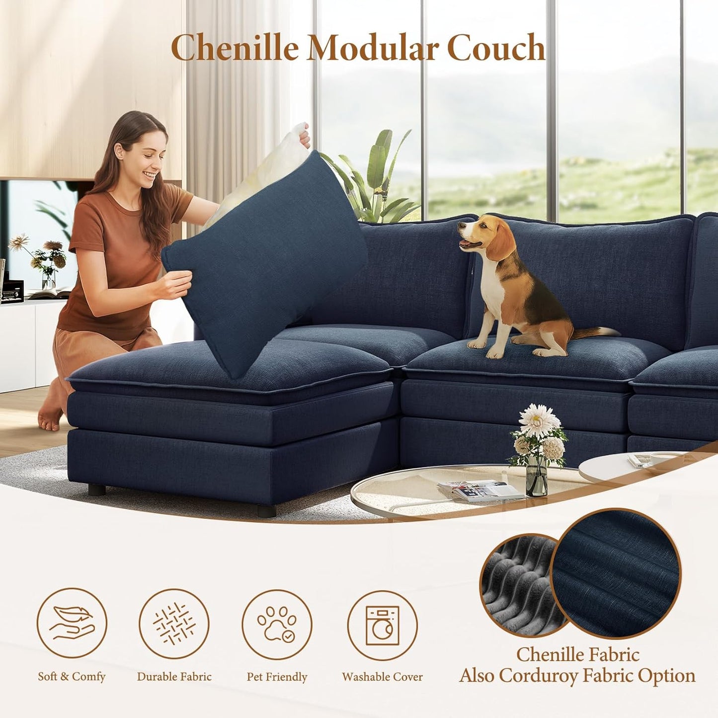 Vesgantti 108" Modular Sectional Sofa, Comfy Cloud Couch with Movable Ottoman Deep Seat Chenille L Shaped Modular Sofa, Sectional Couches for Living Room, Bedroom and Apartment, Blue