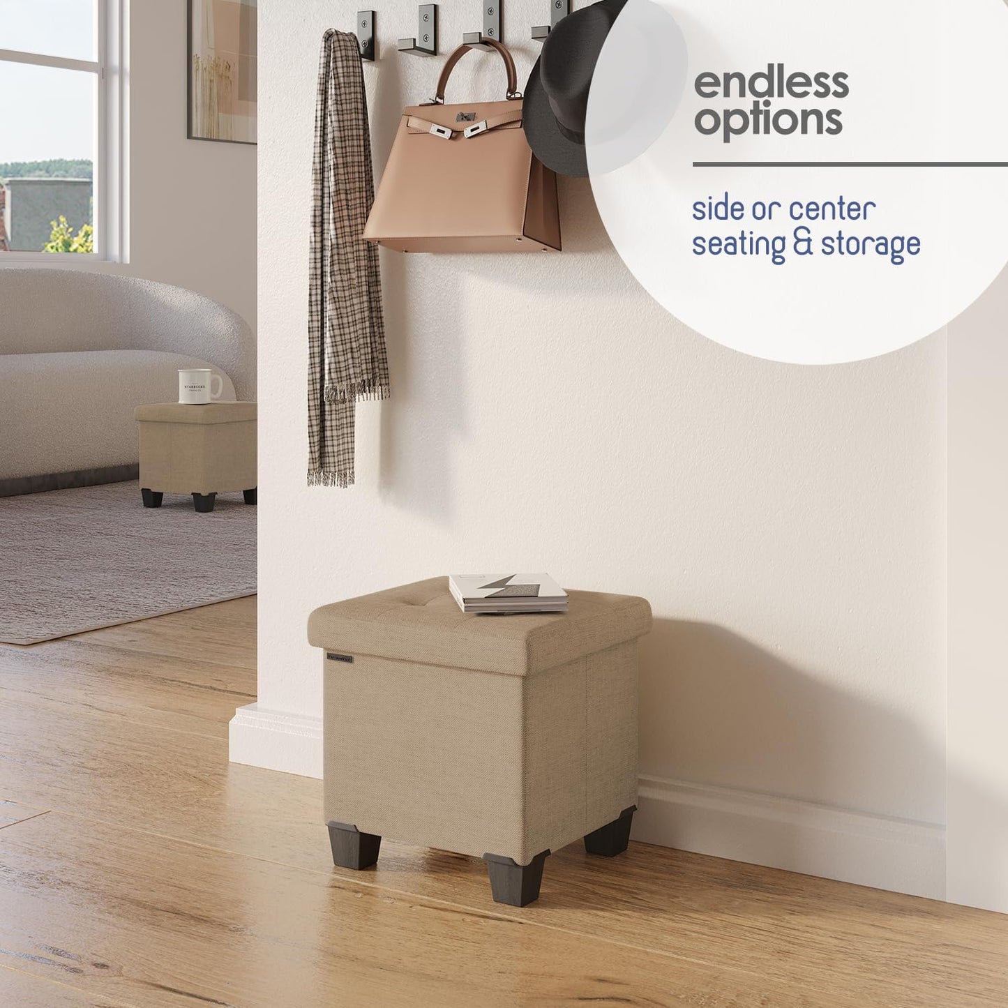 STORAGEBUD Storage Ottoman Cube with Small Bin, 16-in Square Ottoman with Storage for Living Room and Bedroom, Small Ottomans Foot Rest, Fabric Foot Stools Ottomans Max 330lbs, Taupe