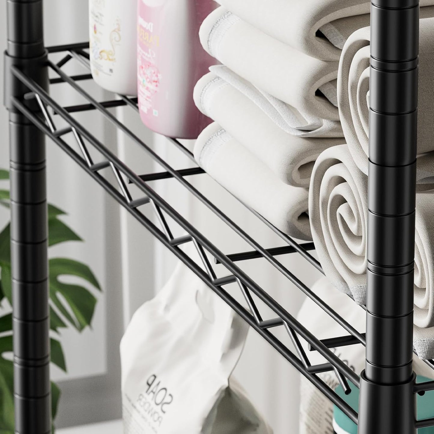 SINGAYE 5 Shelves Storage Shelf Wire Closet Bathroom Organizers Metal Pantry Kitchen Garage Shelving Unit Laundry Room Organization Home Rack Net Basket Black with Wheels