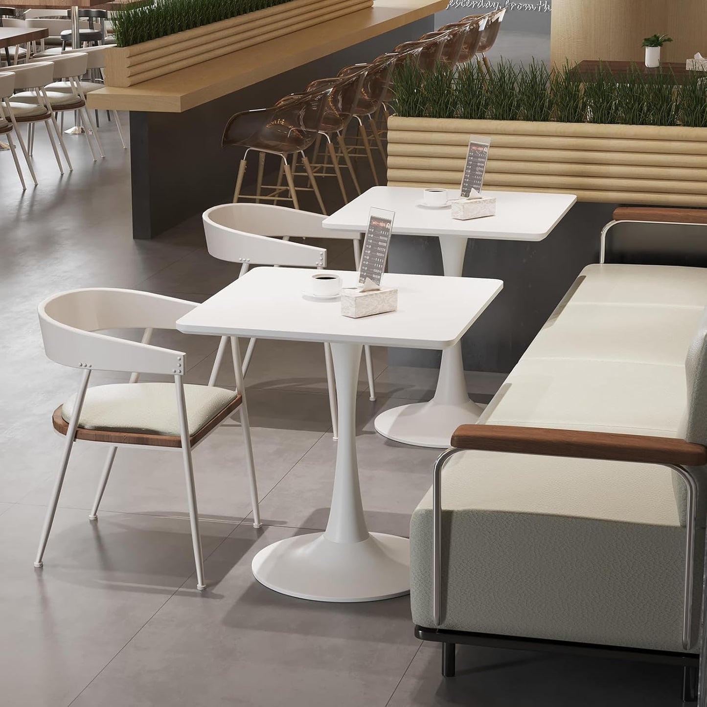 White Square Tulip Table for 2 Person, 24 Inch Small Dining Table with Metal Pedestal Base for Kitchen, Mid Century Modern Table with Round Corners for Living Room, Cafe, Office, Pub, Bar, Bistro