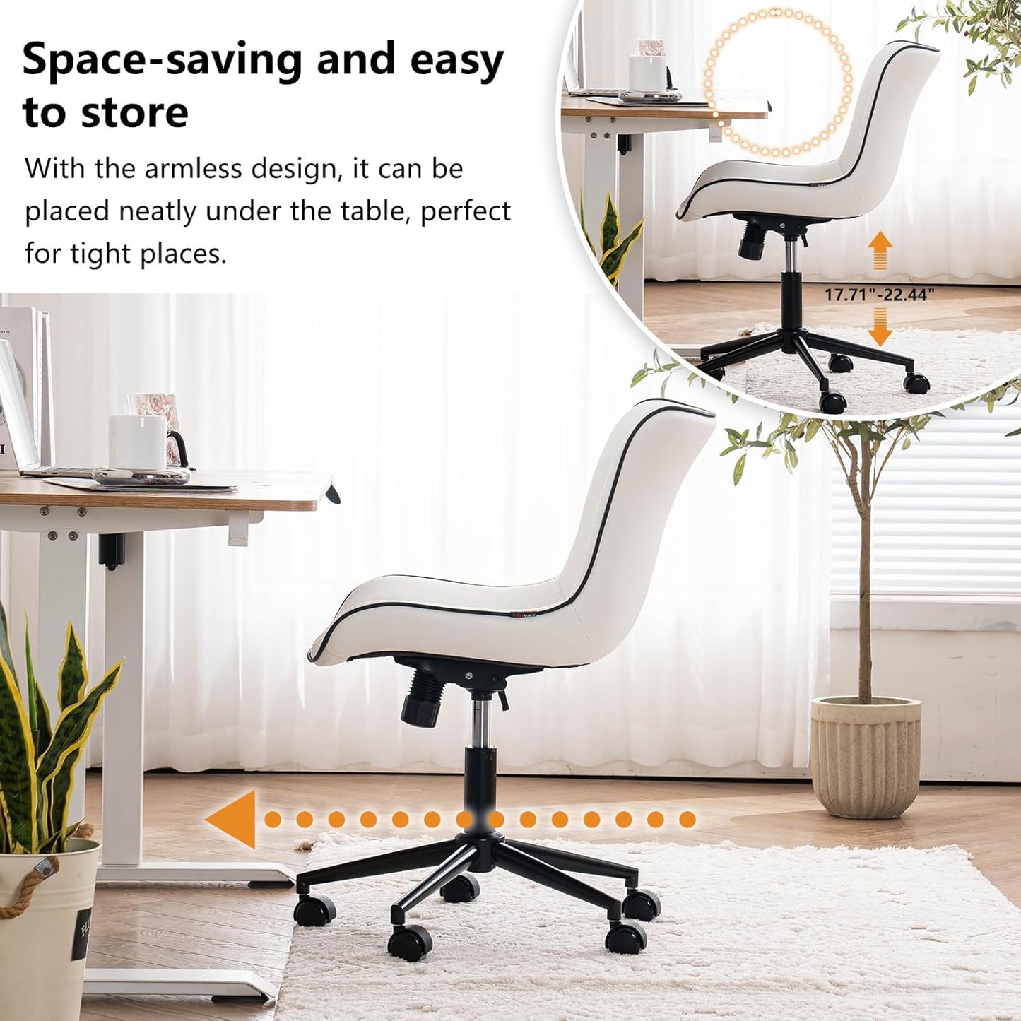 YOUNIKE Home Office Desk Chair with Wheels Armless Vanity Chair with Back Comfy Modern Leather Upholstered Rolling Task Chair Swivel Small Cute Computer Chair No Arms Wide Adjustable Ergonomic White