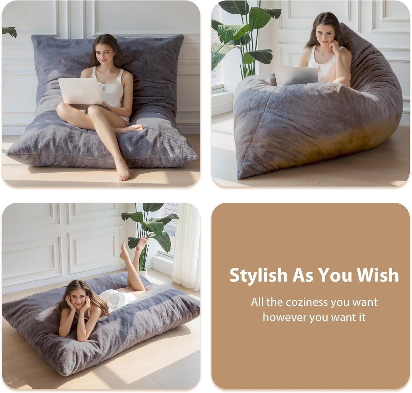 BYBYME 3 in 1 Bean Bag Chair, Convertible Chair Folds from Bean Bag to Lounger, High-Density Foam Filling, Faux Fur Big Sofa Bed, Giant Bean Bag Chair Bed for Adults