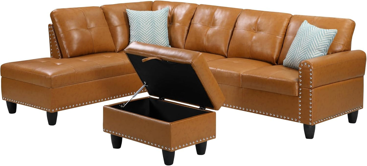 Ball & Cast 98" L Shaped Sectional Couch for Living Room with Chaise&Storage Ottoman,4 Seat Faux Leather Upholstered Modular Sectional Sofa Set 3 PCS W/Cup Holders&Coffee Table,for Home,Office,Ginger