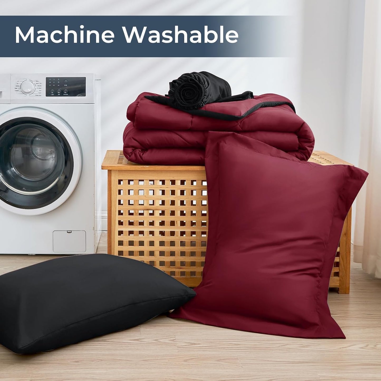 HEVUMYI Red & Black Full Comforter Set - 7-Piece All Season Bed in a Bag Full, Ultra Soft Burgundy Bedding Set with Comforter, Flat Sheet, Fitted Sheet, Pillowcases, Pillow Shams, Burgundy Red & Black