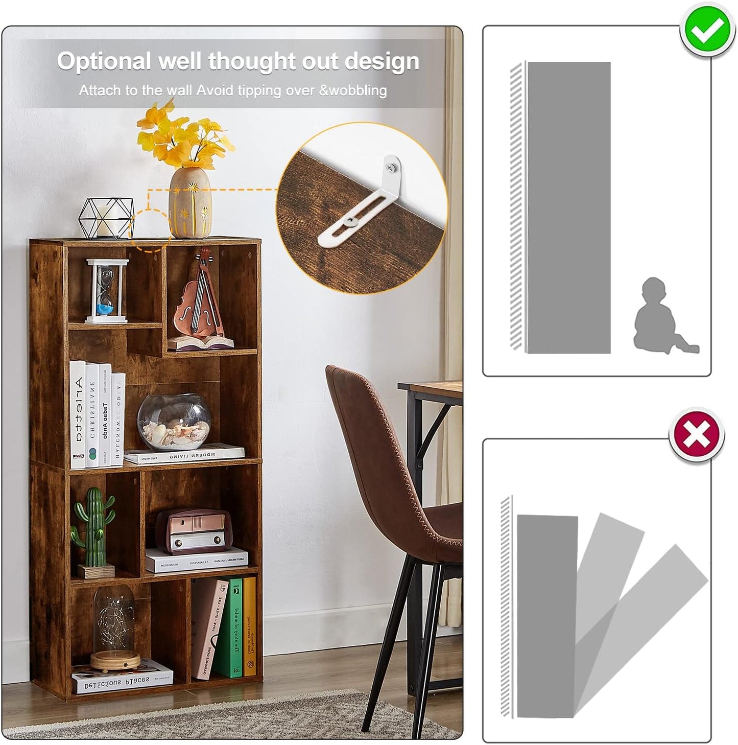 VECELO 4-Tier Modern Bookcase, 42 Inch High Storage Cabinet with Height Difference Shelves for Standard Textbooks, Floor Standing Display, 7 Cubes, Horizontal Avaiable, Easy Assembly, Rustic Brown