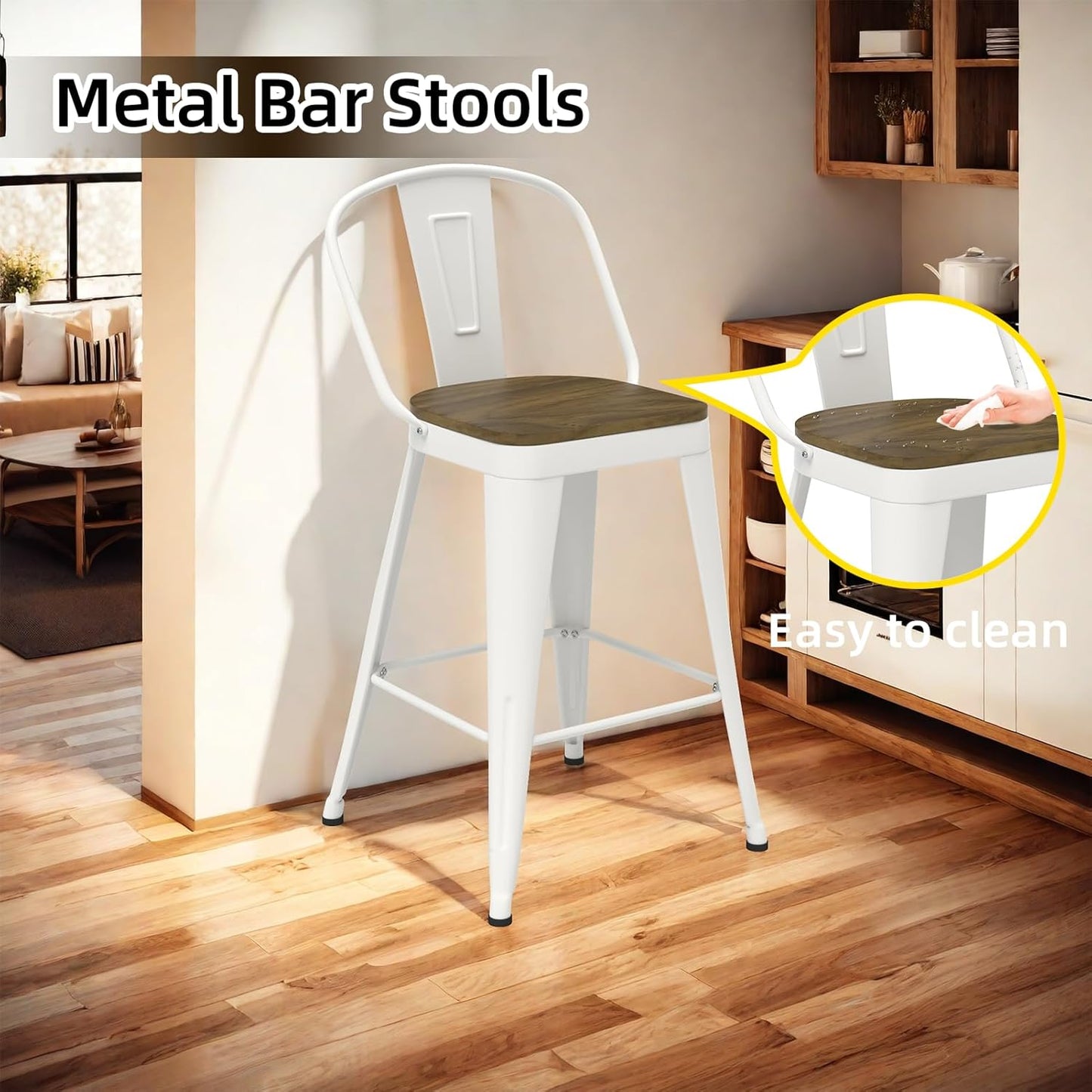 Metal Bar Stools Set of 4, High Back Bar Stools with Wooden Seat, 30 inch White Barstools for Kitchen Island