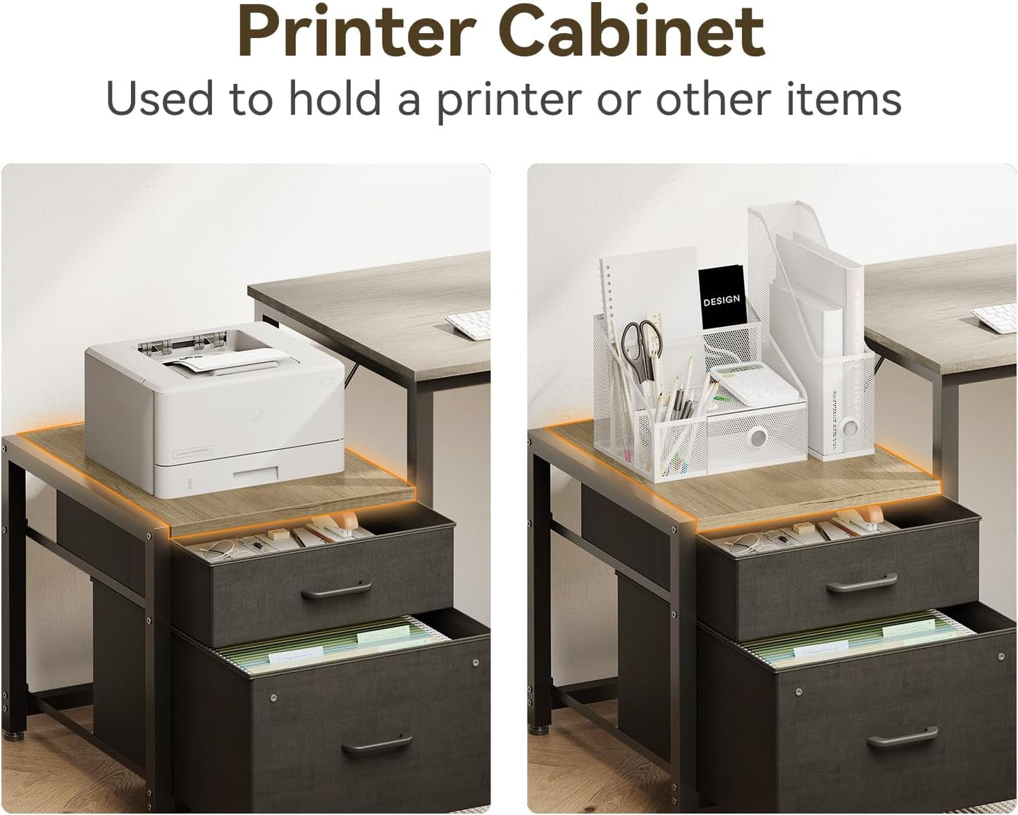 Casaottima L Shaped Desk with Drawers & File Cabinet, Computer Desk with Storage Shelves & CPU Stand, Corner Desk with Power Outlets, Reversible L Desk for Home Office, Grey