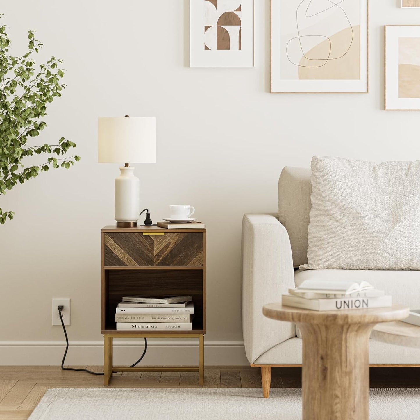 Masupu Nightstand with Charging Station,Modern Night Stand Boho Farmhouse Wood Bedside Table with Storage Drawer Side End Table for Bedroom,Living Room,Office,Walnut Brown with Outlet