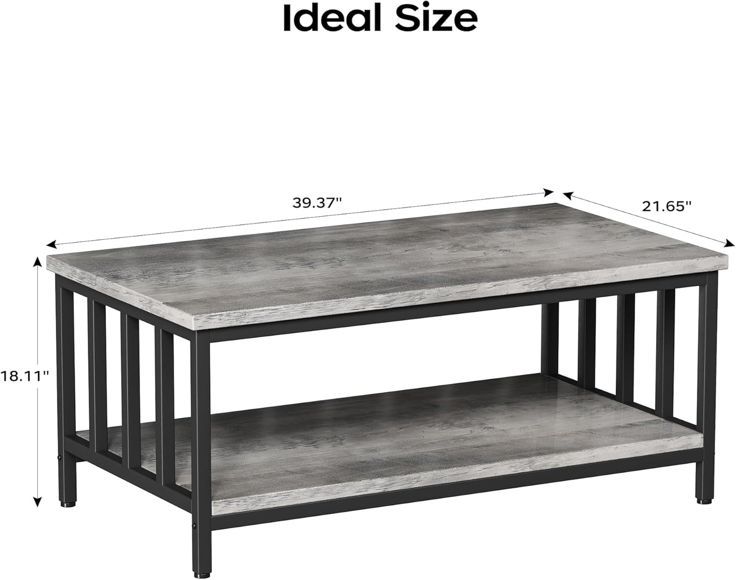 Homeiju Coffee Table for Living Room with Slatted Sides Frame, Modern Farmhouse Living Room Table with 2-Tier Storage Shelf for Home Office, Apartment, 39 inch Grey Wash