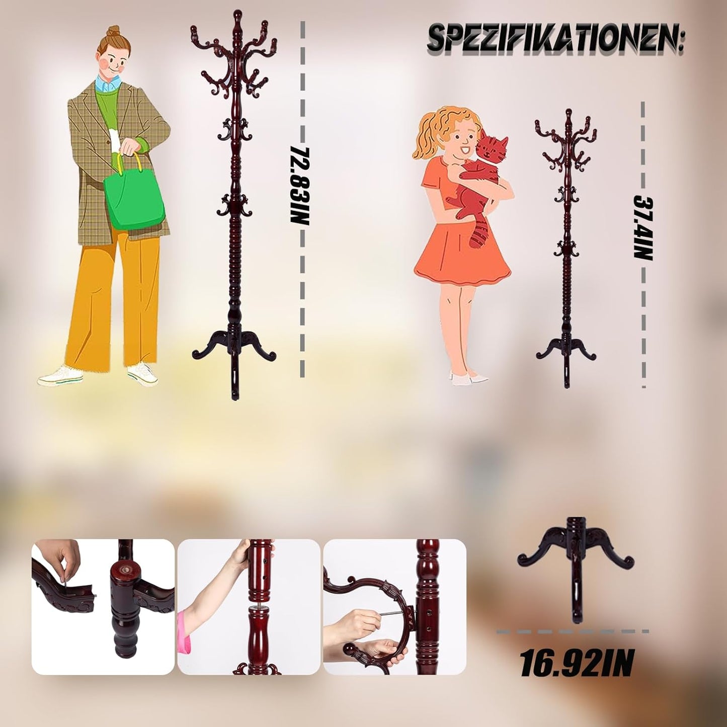 73 in Wood Coat Rack, Coat Rack Freestanding with Stable Round Base, Adjustable Height Tree Coat Racks Stand for Home Bedroom Office Hallway Entryway (Triangle Redwood)