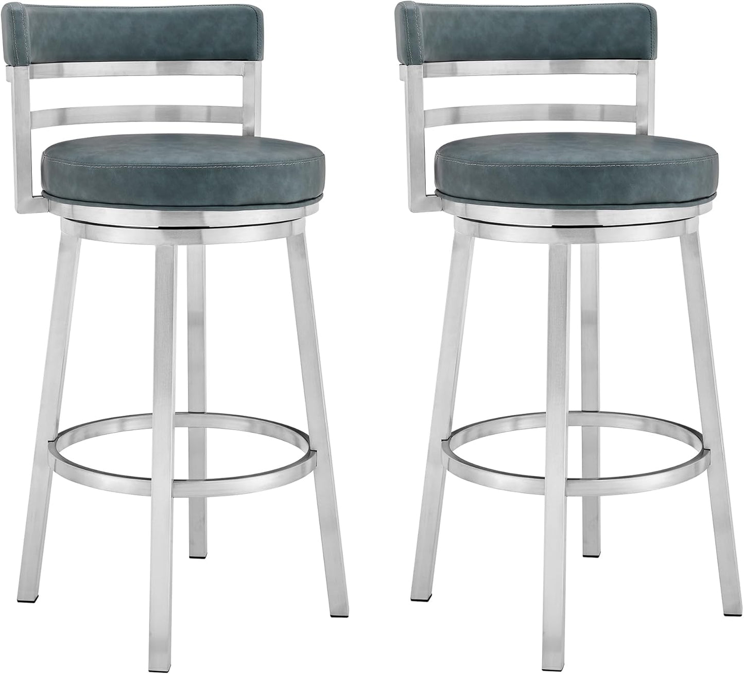 Armen Living Madrid 30" Seat Height Swivel Modern Blue Faux Leather and Brushed Stainless Steel Bar Stool for Kitchen Island Counter, Set of 2