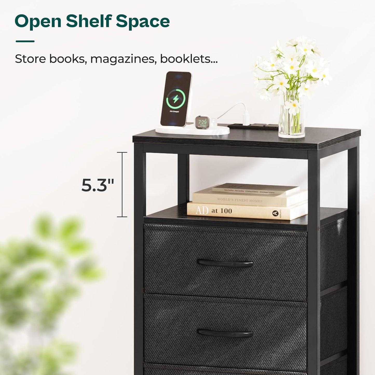 Huuger Nightstands Set of 2, 27.6 Inch End Tables with Charging Station, Bed Side Tables with Fabric Drawers, USB-C Port and Outlet, Night Stands for Bedroom, Black