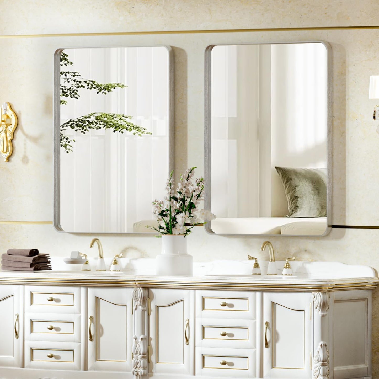 Bathroom Mirror 20x30 inch, Silver Gorgeous Deep Frame Wall Mirror, Modern Round Corner Bathroom Vanity Mirror for Bedroom, Living Room, Hanging or Leaning Horizontal or Vertical, Silver