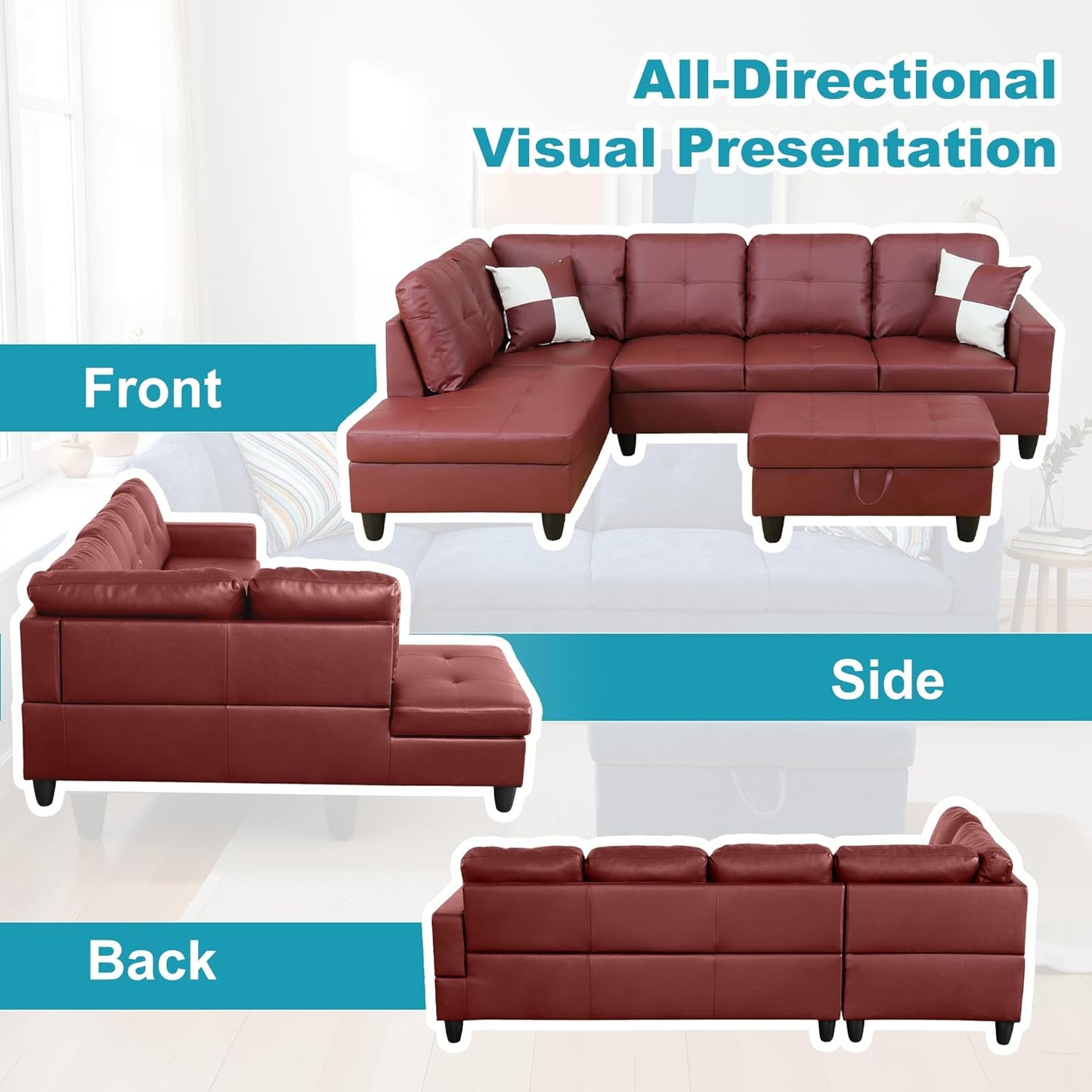 L Shaped Couch Faux Leather Sectional Couch Upholstered 3 Pieces Sofas for Living Room with Chaise, Storage Ottoman for Office and Small Apartment, Dark Red