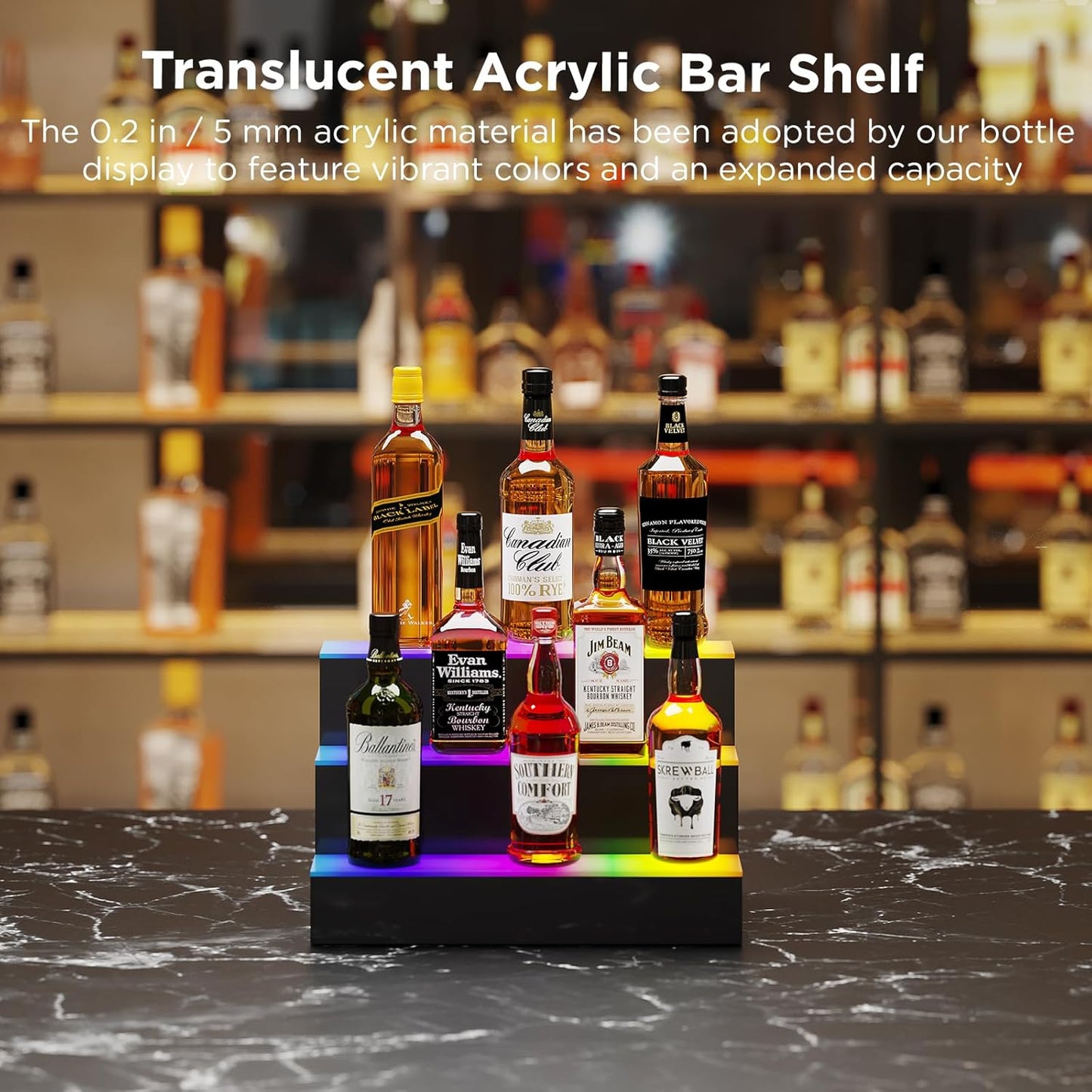 Dethan 3 Tier 16 Inch Liquor Bottle Display Shelf - Wine Racks with Multi-Color App & Remote Control, Adjustable Brightness & Sound Modes, Acrylic Bar Shelves Displays