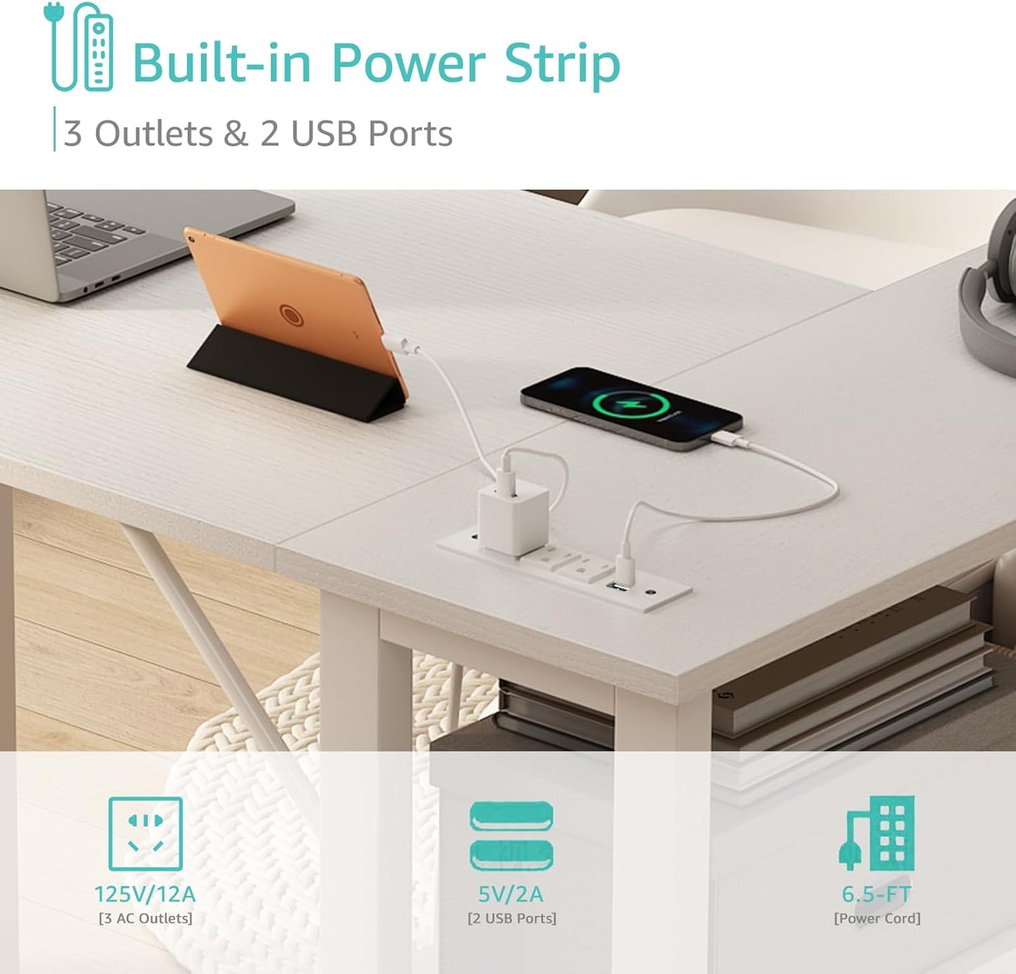 Lufeiya White L Shaped Computer Desk with Drawers & Storage Shelves, 47 Inch Corner Reversible Desk with Power Outlet for Home Office Bedroom, L-Shaped Teen PC Desks with Fabric Drawer, White