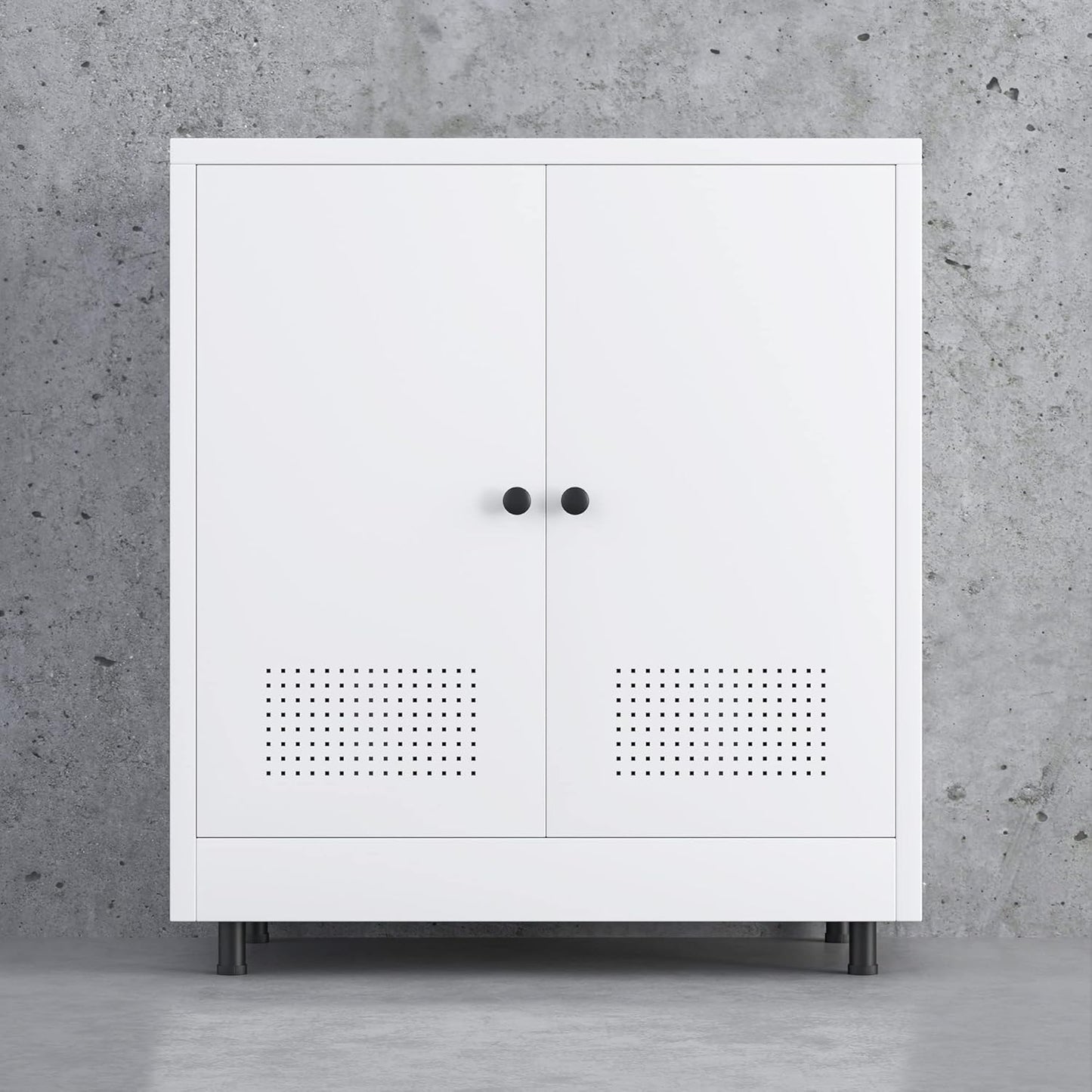 Metal Storage Cabinet with 2 Doors and Adjustable Shelf, Free Standing Accent Sideboard Buffet Cabinet for Home, Office, Entryway, Hallway, Living Room, Kitchen and Dining Room (White)