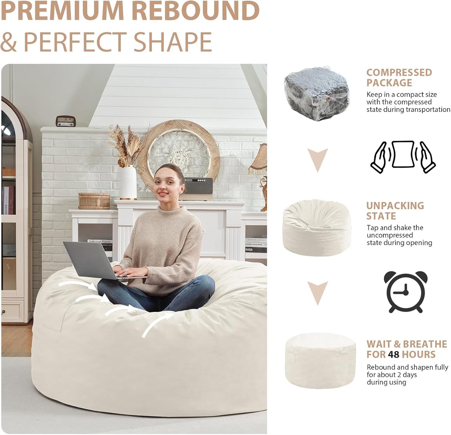 3FT Bean Bag Chair, Comfy Bean Bag Chairs with Memory Foam Filled, Fluffy Beanbag Sofa with Dutch Velvet Cover, Round BeanBag Chairs for Living Room, Playroom - Beige
