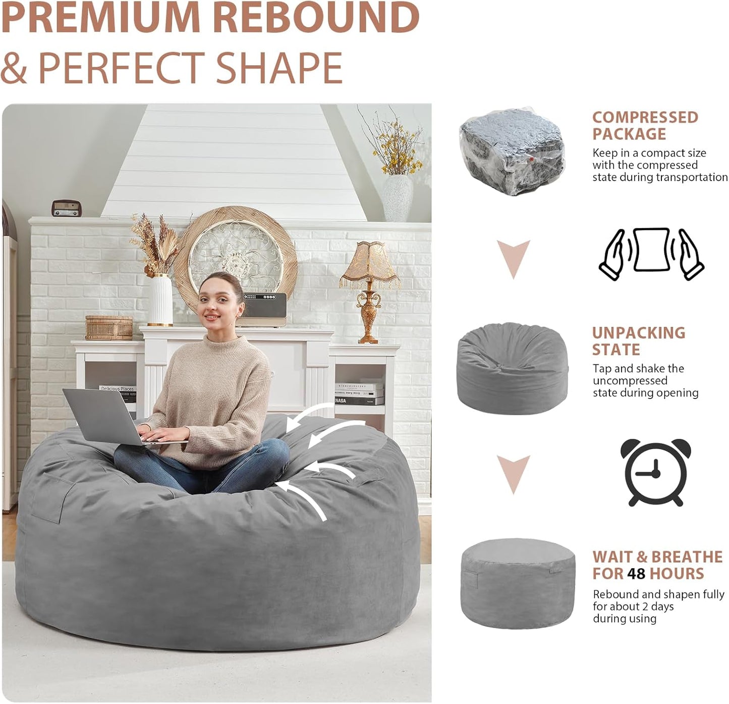 4FT Bean Bag Chair, Large Bean Bag Chairs with Memory Foam Filled, Fluffy Beanbag Sofa with Dutch Velvet Cover, Round BeanBag Chairs for Living Room, Playroom - Light Grey