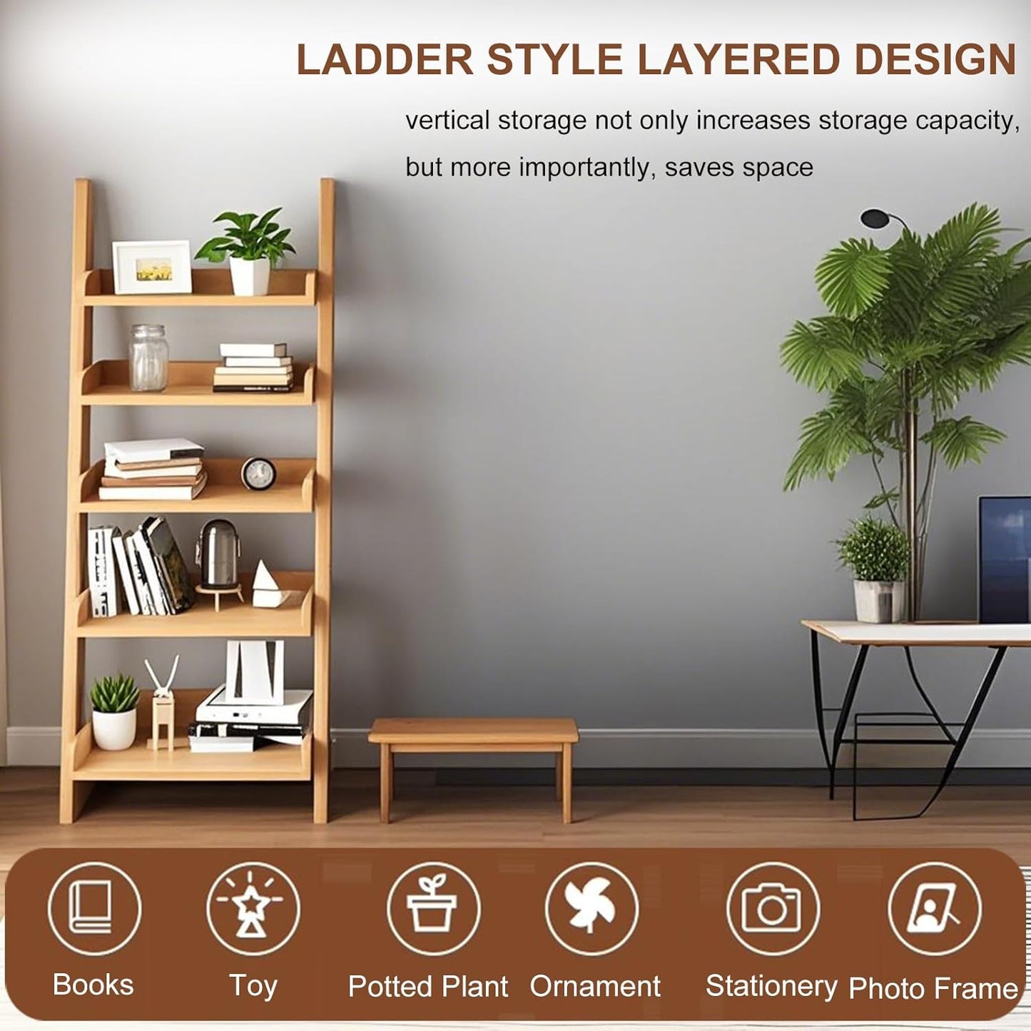 5-Tier Ladder Bookshelf, H 55" Leaning Bookshelf Storage Rack Organizer, Wooden Ladder Shelf Bookcase for Living Room, Home Office and Bedroom, Wood Color
