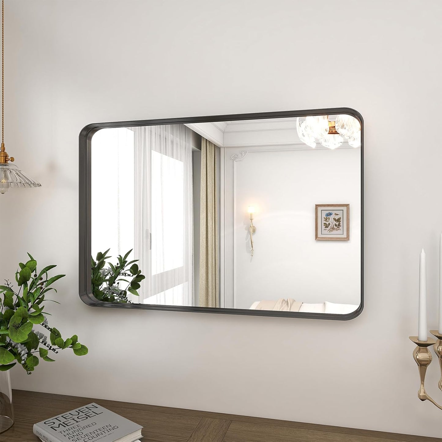 Bathroom Mirror 24x36 inch, Black Gorgeous Deep Frame Wall Mirror, Modern Round Corner Bathroom Vanity Mirror for Bedroom, Living Room, Hanging or Leaning Horizontal or Vertical, Black