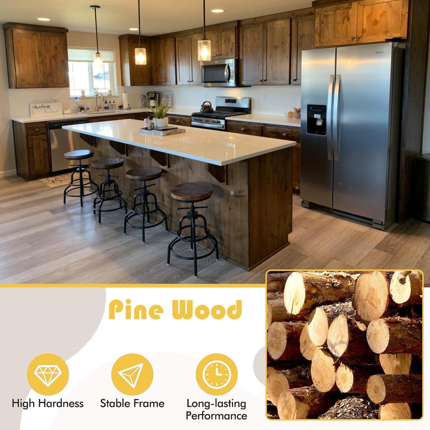 LOKKHAN Vintage Industrial Bar Stool-Rustic Swivel Barstools-Round Wood Metal Base-Kitchen Counter Height Adjustable Pipe Stool-Cast Steel Chairs 20-27 Inch (Set of 2)