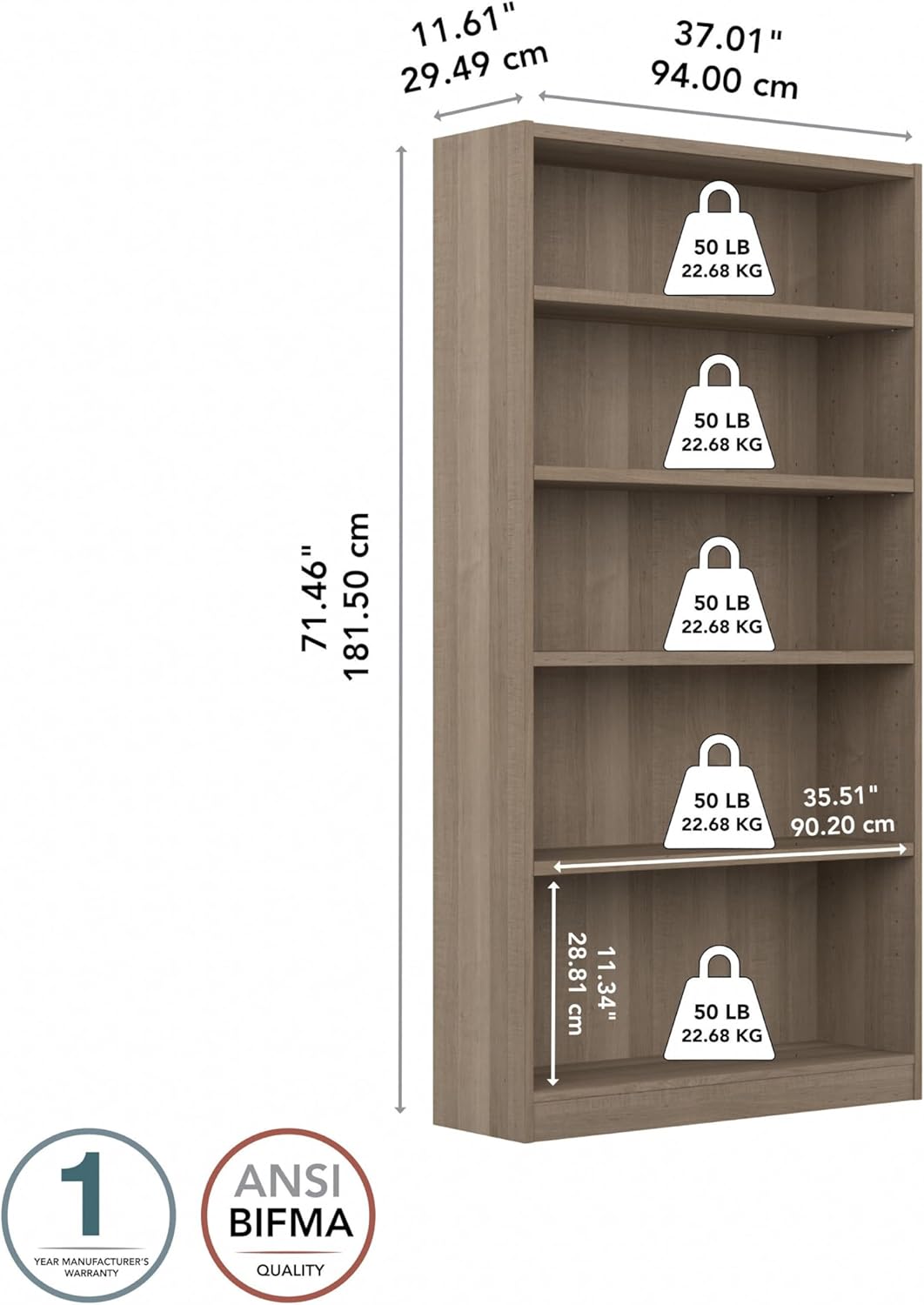 Bush Furniture Universal Tall 5 Shelf Bookcase in Ash Gray