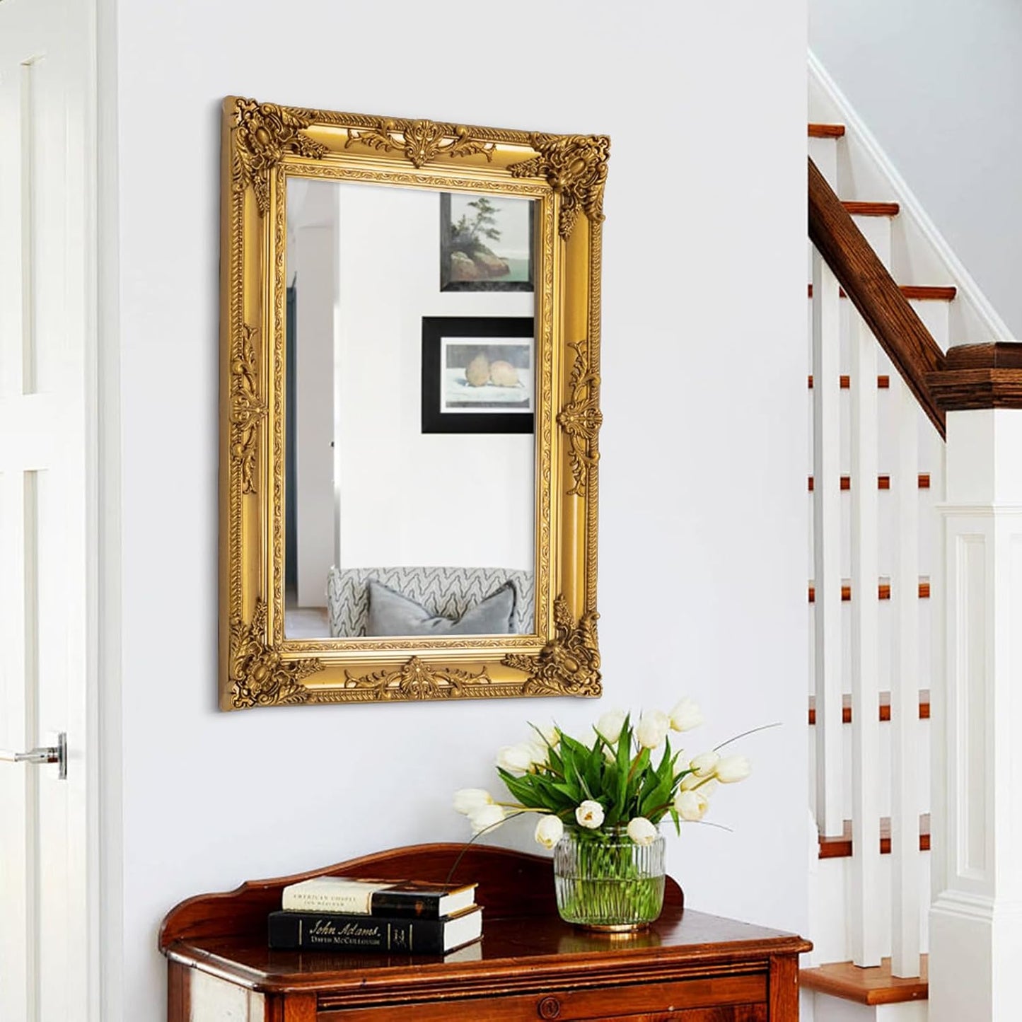 Antique Gold Mirror for Wall Decor, 28" x 20" Gold Vintage Baroque Mirrors with Ornate Frame, Traditional Antique Living Room Mirror, Horizontal/Vertical