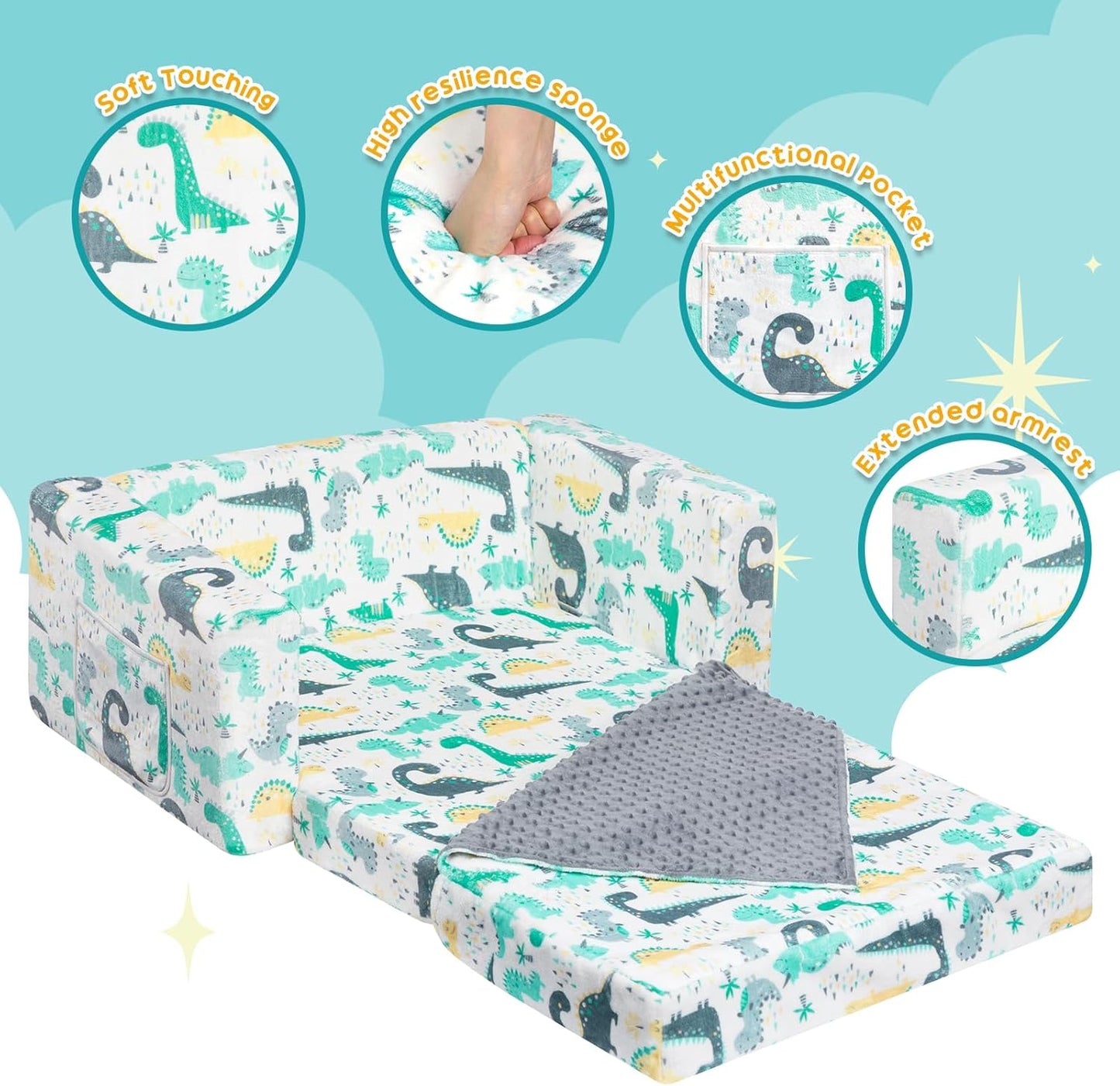ALIMORDEN Fold Out Toddler Couch, Extra Wide Comfy 2-in-1 Cuddly Sherpa Sofa for Kids, with Removable Baby Friendly Blanket, Convertible Sofa to Bed, Dinosaur