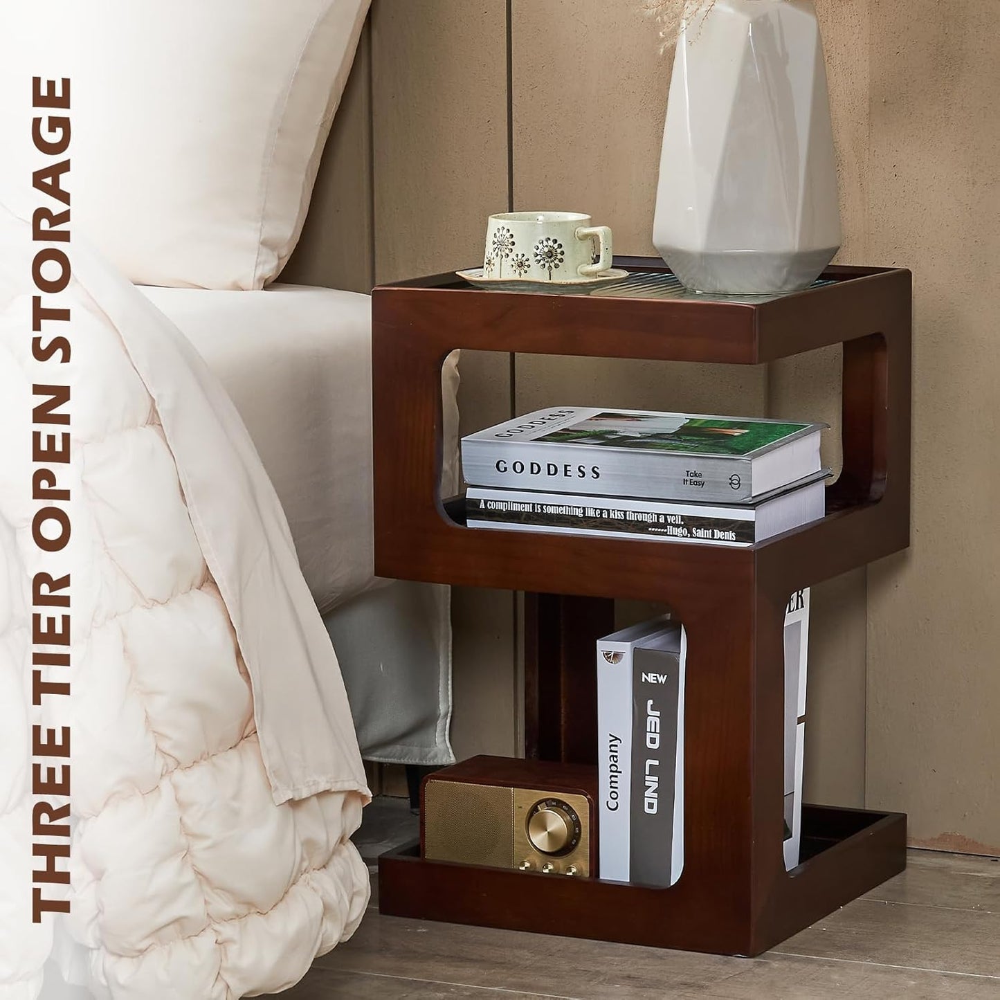 CozyDH 3-Tier End Table No Assembly Required, Modern Side Table 3-Tier Wood Nightstand for Small Spaces with Open Storage, Walnut Bedside Table for Bedroom