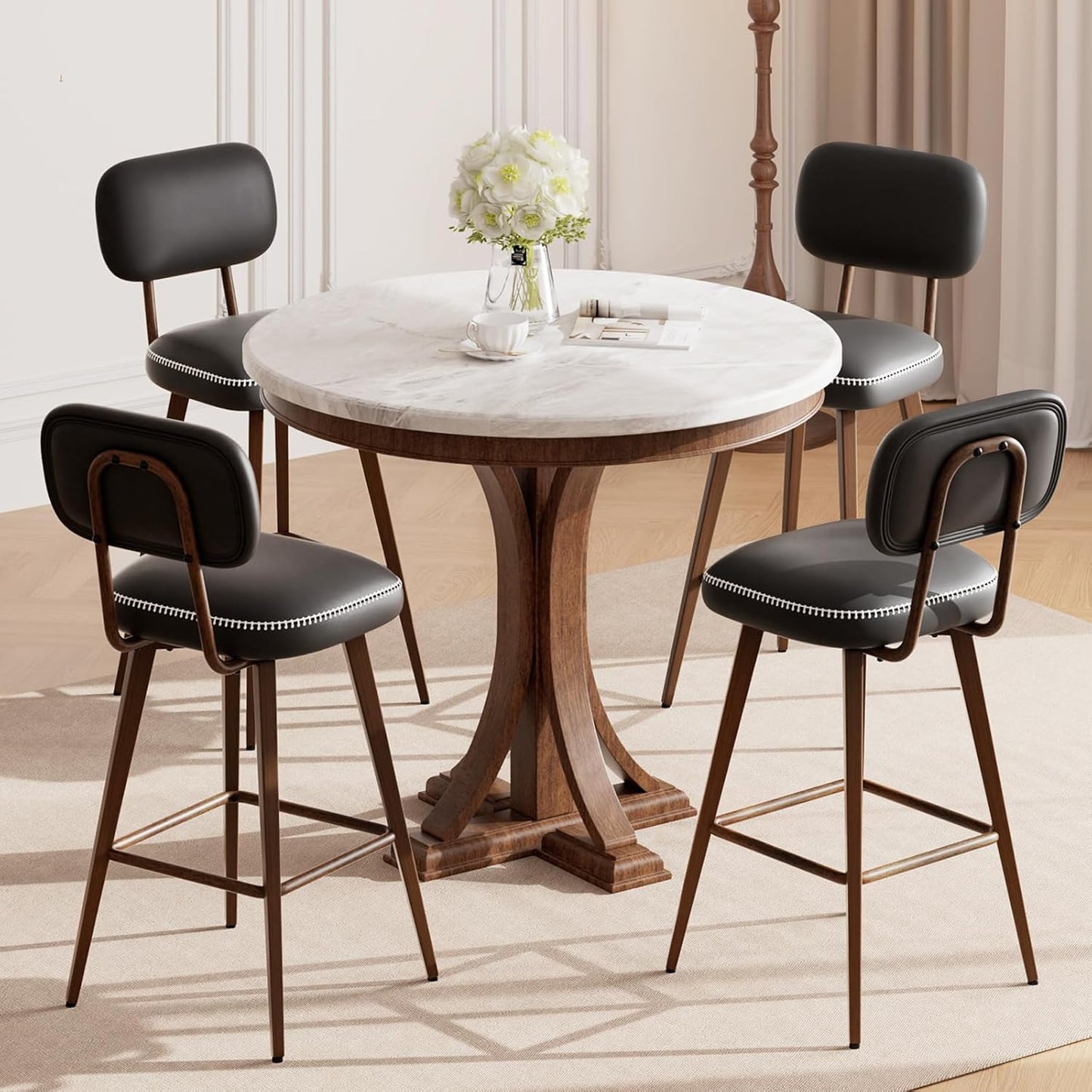 PU Leather Swivel Bar Stools Set of 2, Mid Century Counter Height Bar Chairs with Low Back and Metal Legs, Modern Bar Stool Chair for Kitchen Island, Black