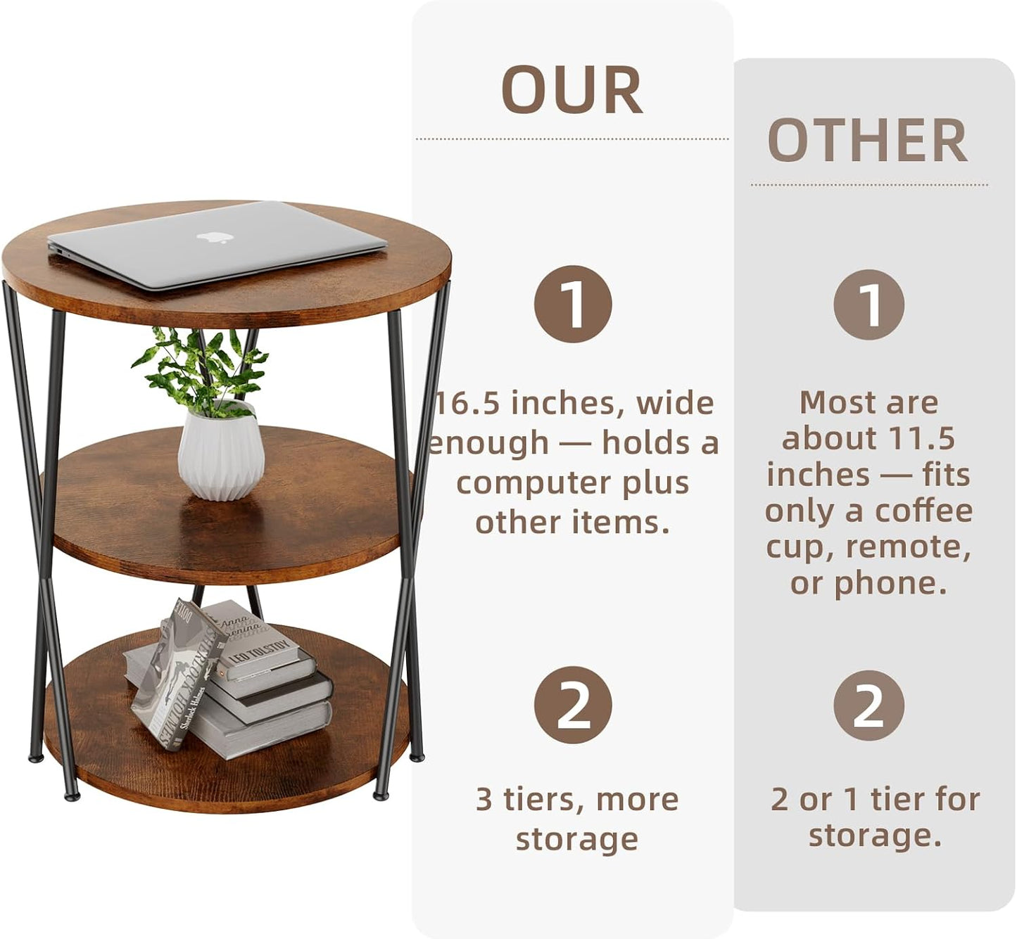 Big Side Table, 3-Tier Large Size Round End Table with X-Leg Design, Nightstand Bedside Table for Living Room, Bedroom, Drink Table Coffee Table for Patio, Indoor Outdoor Use, 16.5''x16.5''x22.8''