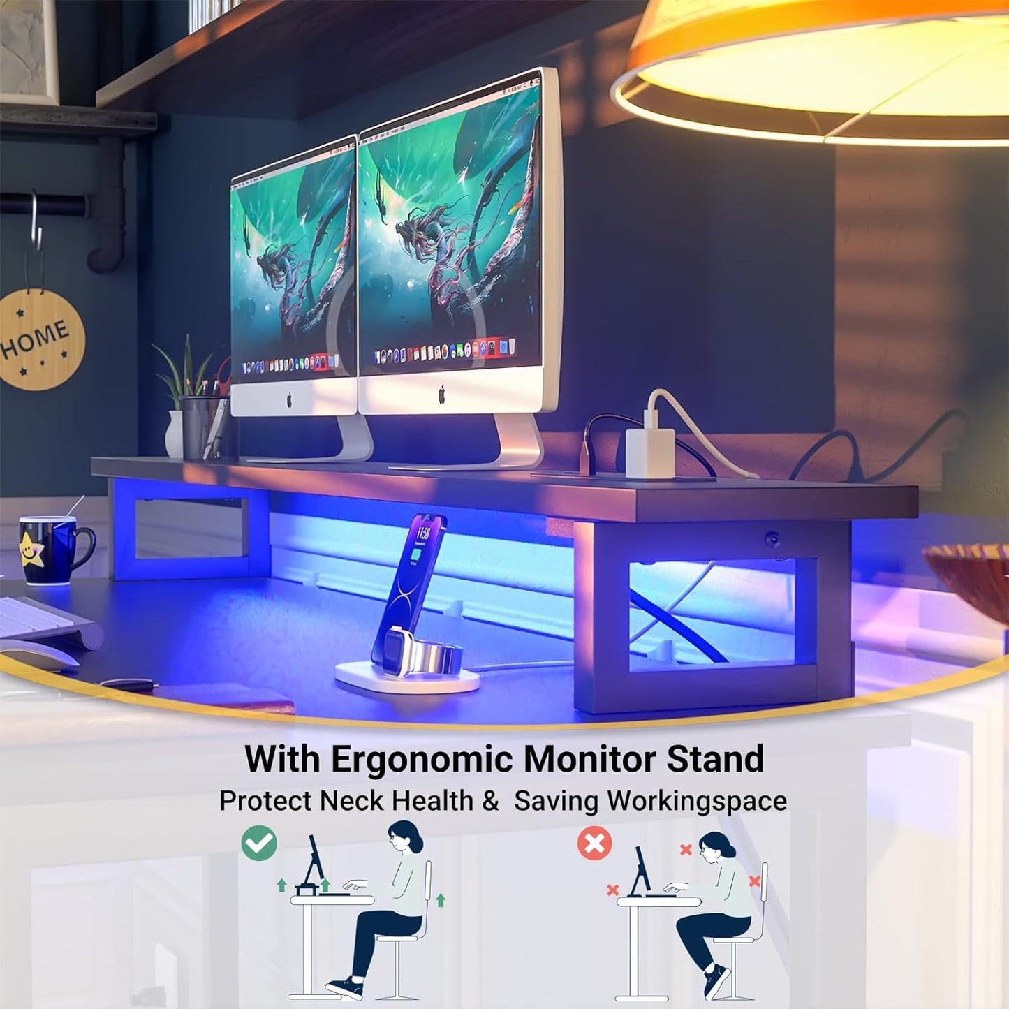 Computer Desk with USB Power Outlets and LED Lights,55 inch Gaming Desk with Monitor Stand for Small Space Home Office, Modern Simple Study Writing Table PC Desks, Black