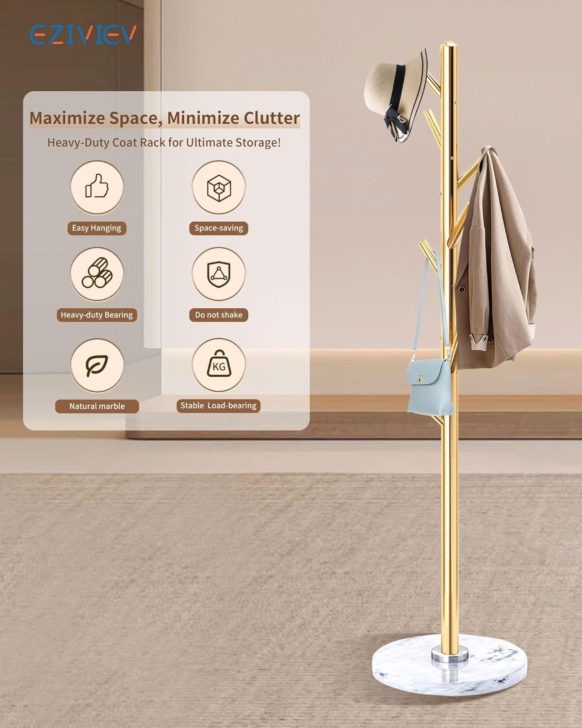 EZIVIEZ Modern Coat Rack Stand, Metal Freestanding Coat Rack with Natural Marble Base, Golden Coat Racks with 8 Hooks and Coat Hanger Tree Jacket Stand for Office, Entryway, Hallway