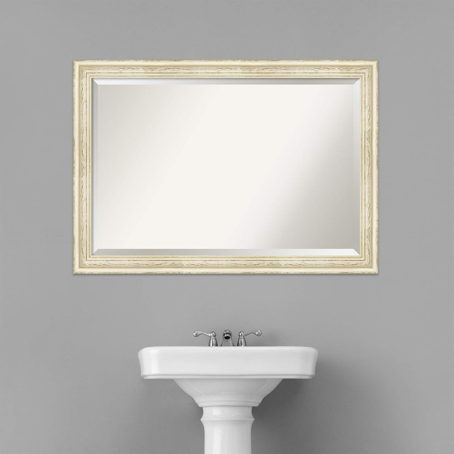 Amanti Art White Bathroom Mirror for Over Sink, 29x41 Country White Wash Rectangle Vanity Mirror, Large Rustic Farmhouse Wood Frame, Hangs Horizonally and Vertically, Bathroom Wall Decor, Beveled Edge