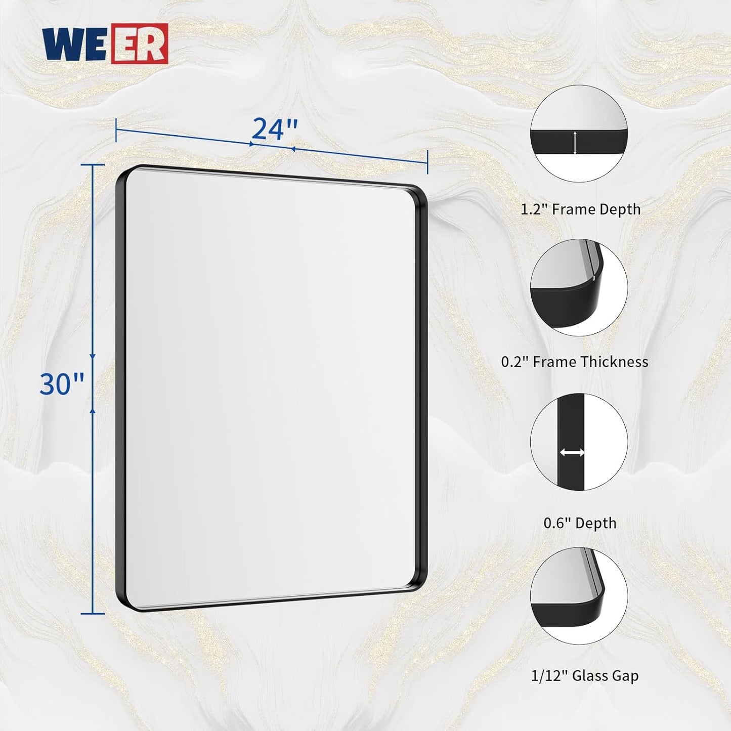 WEER Black Bathroom Mirror for Wall, 24X30 Inch Matte Black Mirror, Rectangular Black Metal Framed Vanity Mirror with Tempered Glass, Rounded Corner, Anti-Rust (Horizontal/Vertical)