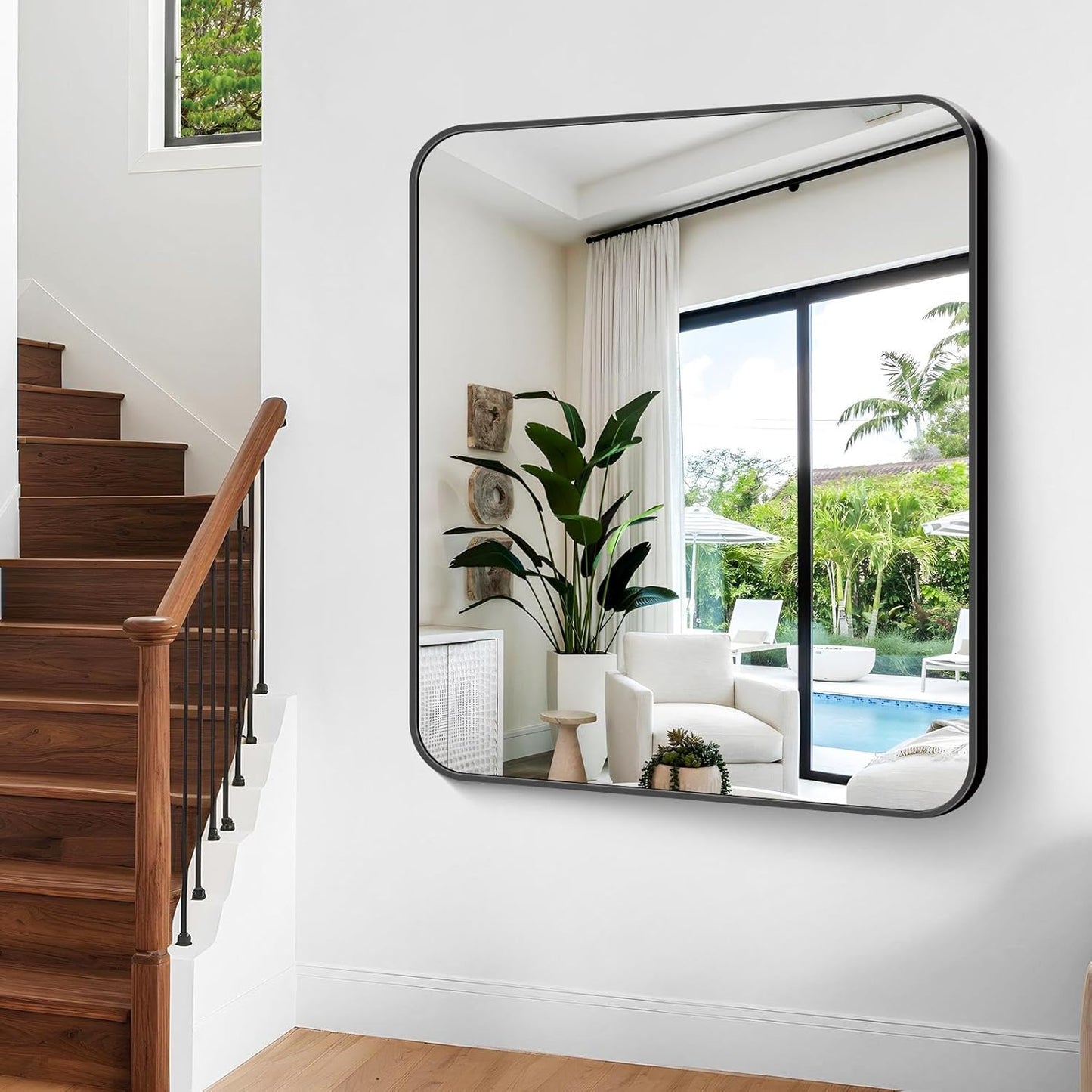 Bathroom Mirror, 48 x 40 inch Black Rectangle Wall Mirror, Metal Frame Rectangular Vanity Mirror, Rounded Corner Wall Mounted Mirror for Modern Bedroom Living Room Hangs Horizontal/Vertical