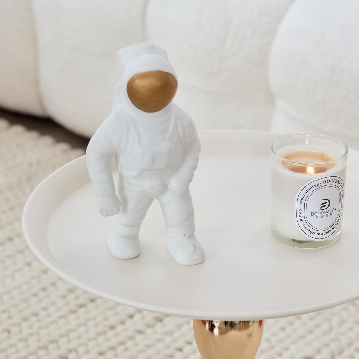 Modern Round Side Table with Gold Pedestal Base, Black Metal Top, Accent End Table for Living Room (White)