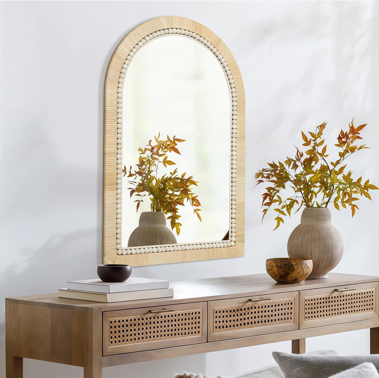 ULIKE Rattan Mirror for Bathroom, 20x30 Inch Arch Rustic Farmhouse Wall Decor with Handmade Wicker Frame, Boho Mirror for Nursery Bedroom Living Room Entryway