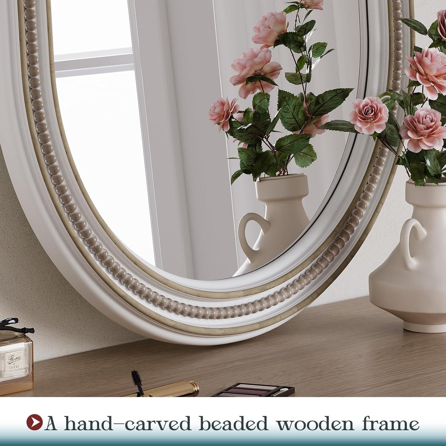 Farmhouse Oval Mirror Boho, 20" x 36" Antique Oval Bathroom Mirrors, Wooden Rustic Decorative Wall Mirror with Beaded for Bedroom, Living Room, Hallway, Vertical or Horizontal Hanging