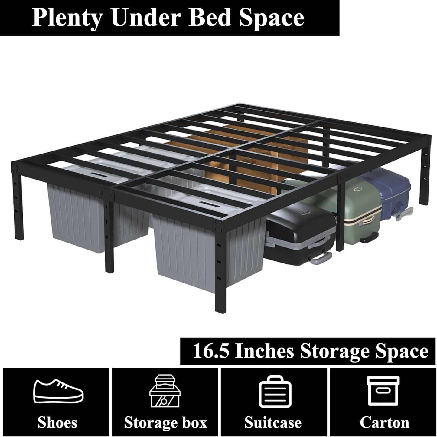 18 Inch Queen Bed Frame No Box Spring Required, Metal Platform Queen Size Bed Frames with High Storage, Eassy Assembly 3,500 Lbs Heavy Duty Bedframes, Black