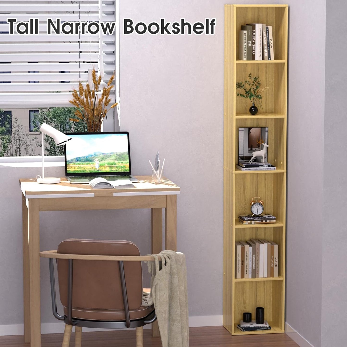 Tall Narrow Bookshelf 6-Tier Bookcase,70.5" Skinny Thin Corner Shelf Slim Storage Cabinet,Wood DVD CD Media Cube Organizer Tower Rack for Small Spaces, Bedroom, Living Room, Office,Natural