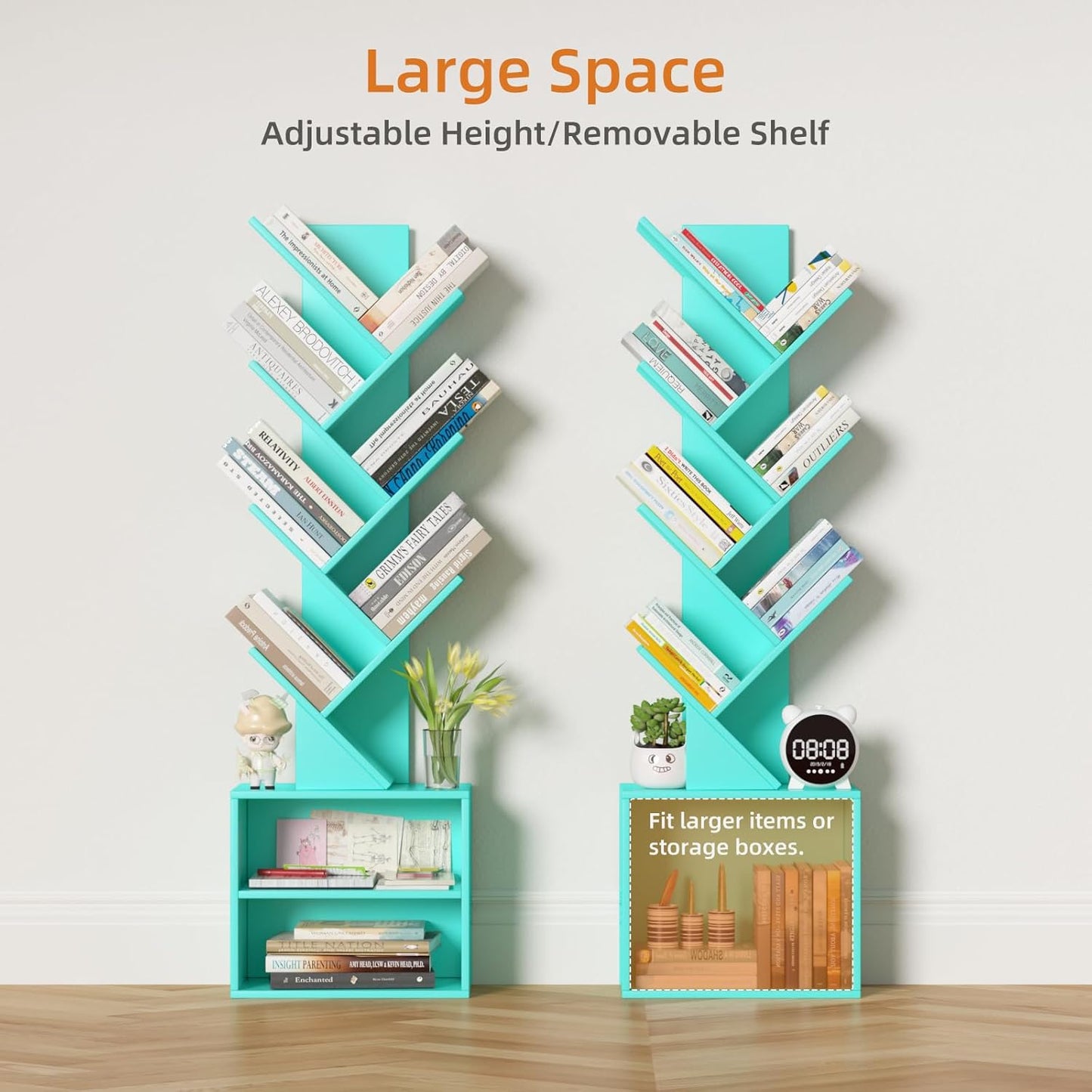 10 Tier Tree Bookshelf,Floor Standing Wood Tall Bookcase for Narrow Space, Storage Organizer Bookshelves for Books, Book Case for CDs/Movies/Books,Home Office,Living Room, Bedroom