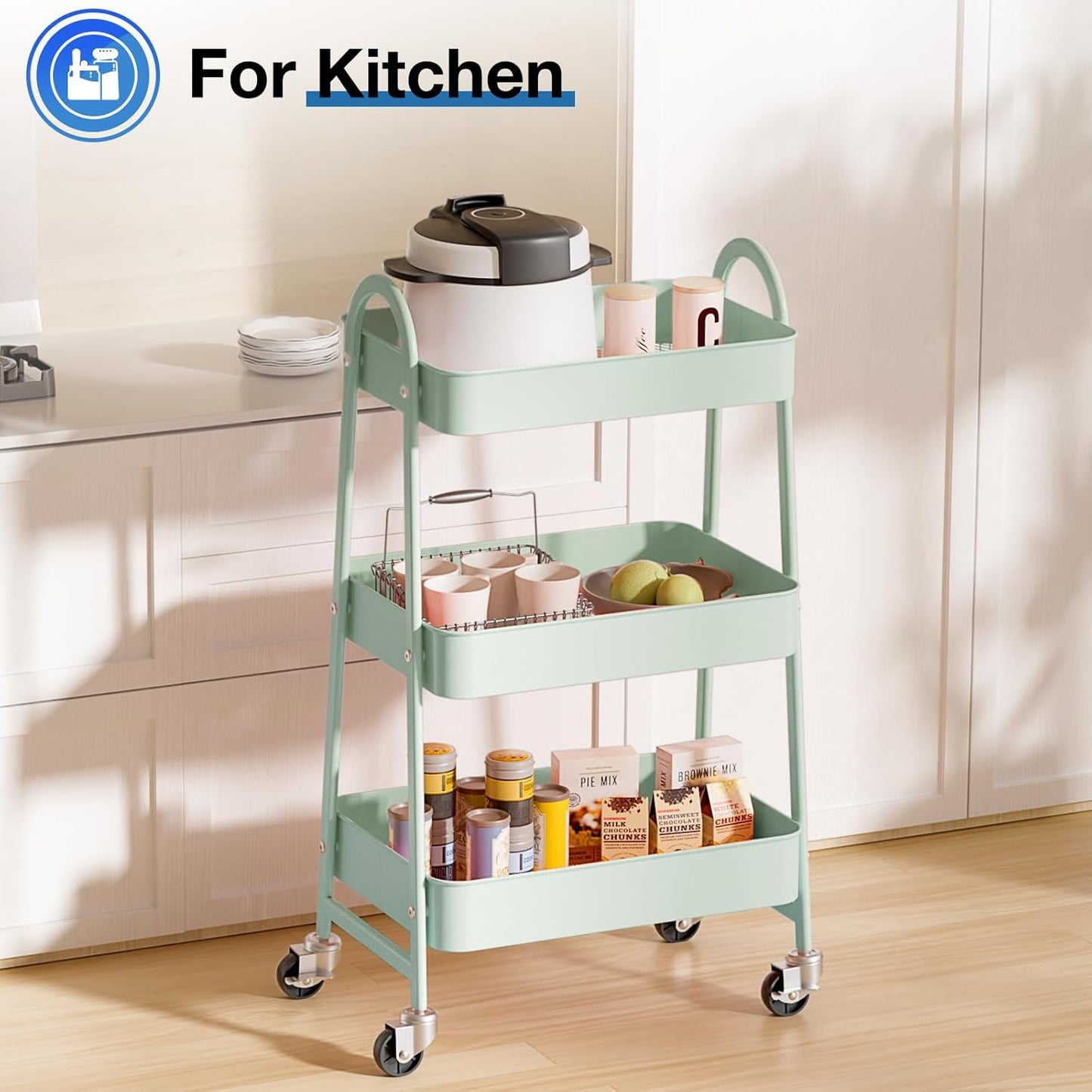OLIXIS 3 Tier Utility Rolling Cart with Lockable Caster Wheels, Metal Mobile Storage Shelf, Organization for Livingroom, Bathroom, Kitchen, & Narrow Places, Light Green