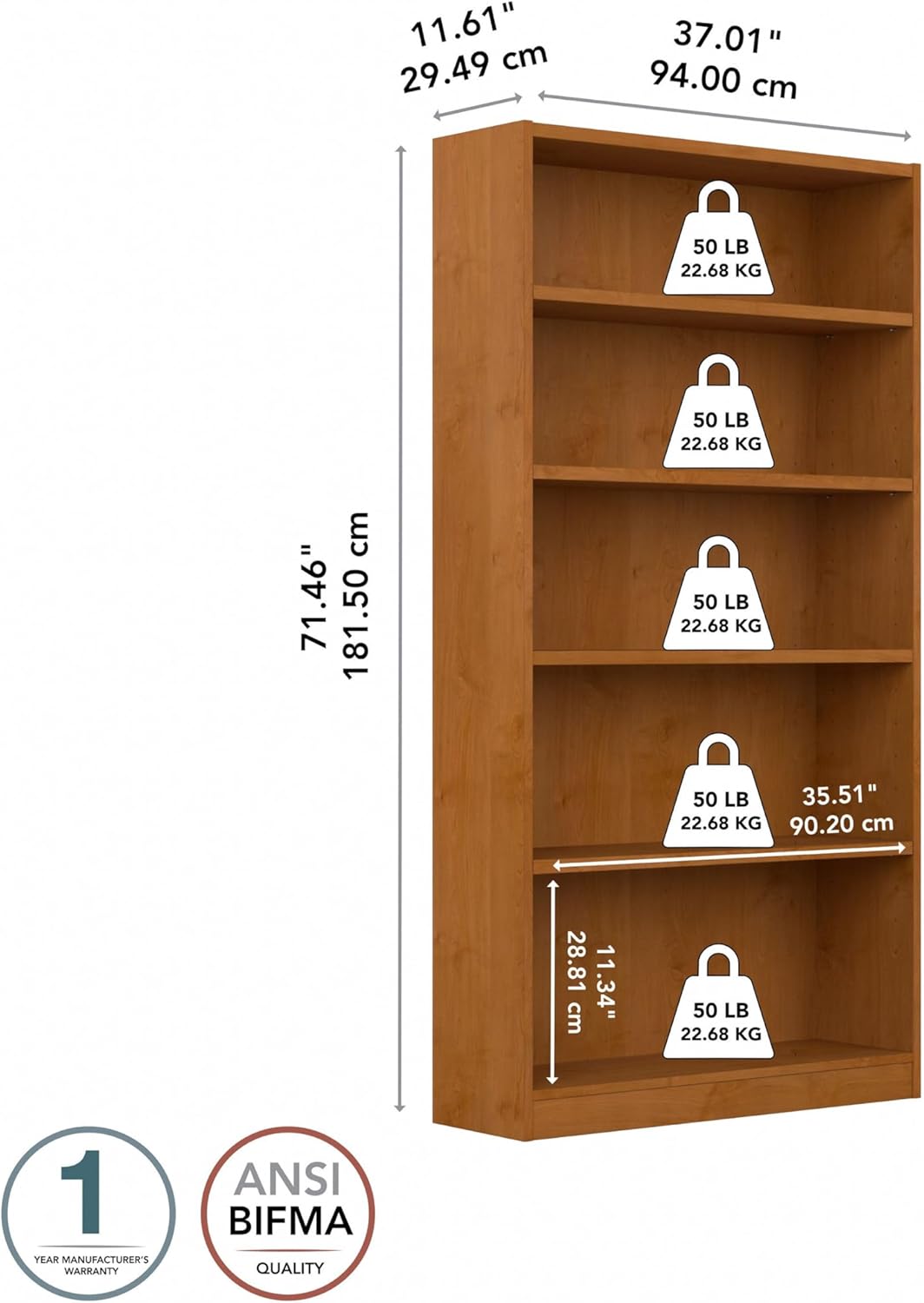 Bush Furniture Universal Tall 5 Shelf Bookcase in Natural Cherry